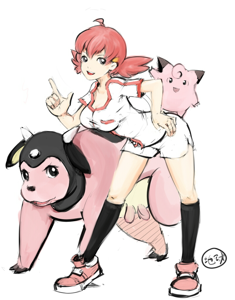 clefairy, miltank, whitney (pokemon), nintendo, pokemon, pokemon gsc, 1990s (style), 1girl, ahoge, bent over, breasts, gen 1 pokemon, gen 2 pokemon, gym leader, hand on own hip, kneehighs, large breasts, pokemon (creature), red hair, retro artstyle, shorts, socks, udder