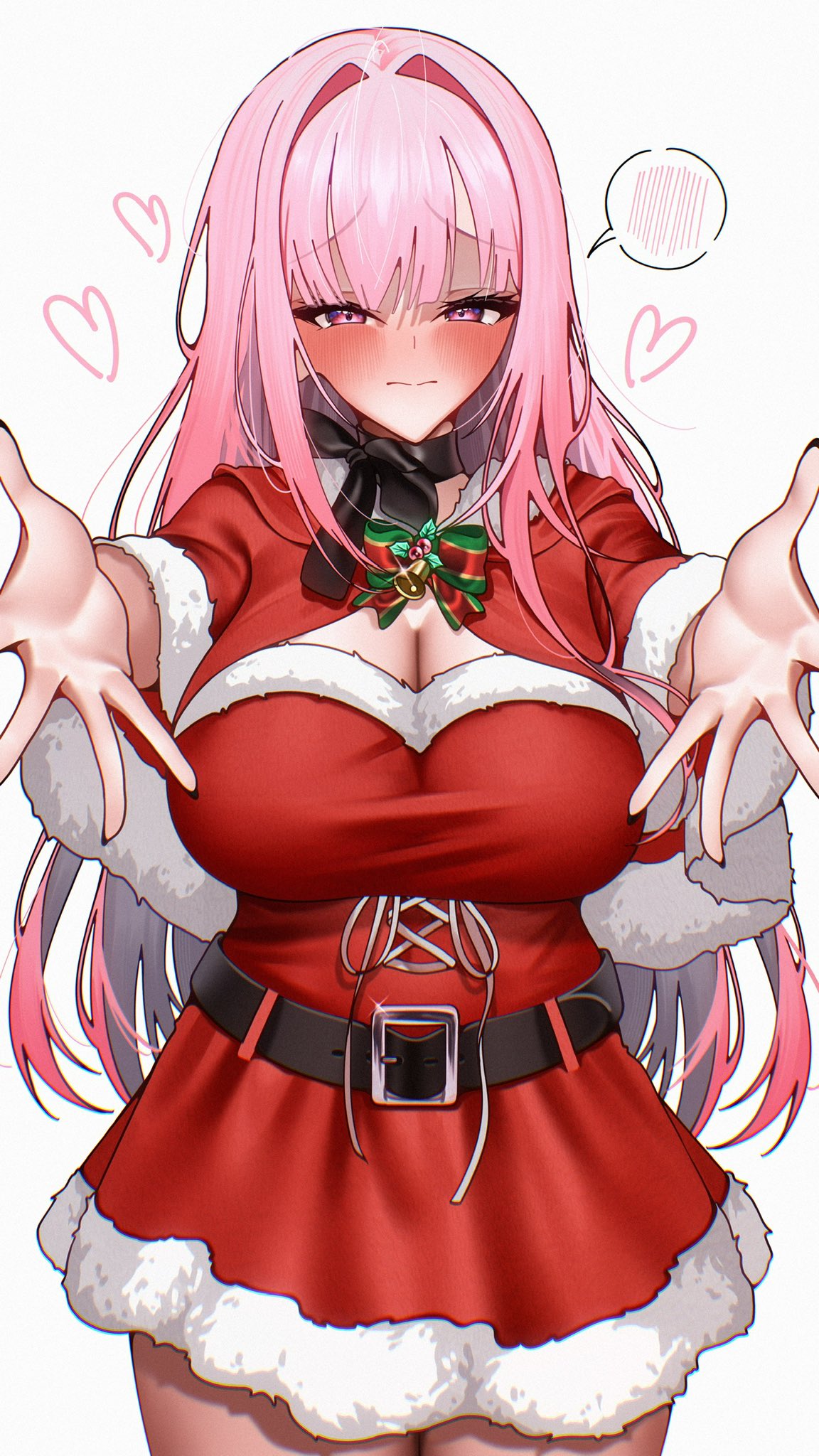 404 (pixiv 94263879), mori calliope, hololive, hololive english, commentary, english commentary, highres, 1girl, alternate costume, belt, black belt, blush, breasts, calling, capelet, cleavage, dress, fur-trimmed capelet, fur-trimmed dress, fur trim, large breasts, long hair, outstretched arms, pink eyes, pink hair, red capelet, red dress, santa costume, santa dress, solo, spoken blush, very long hair, virtual youtuber