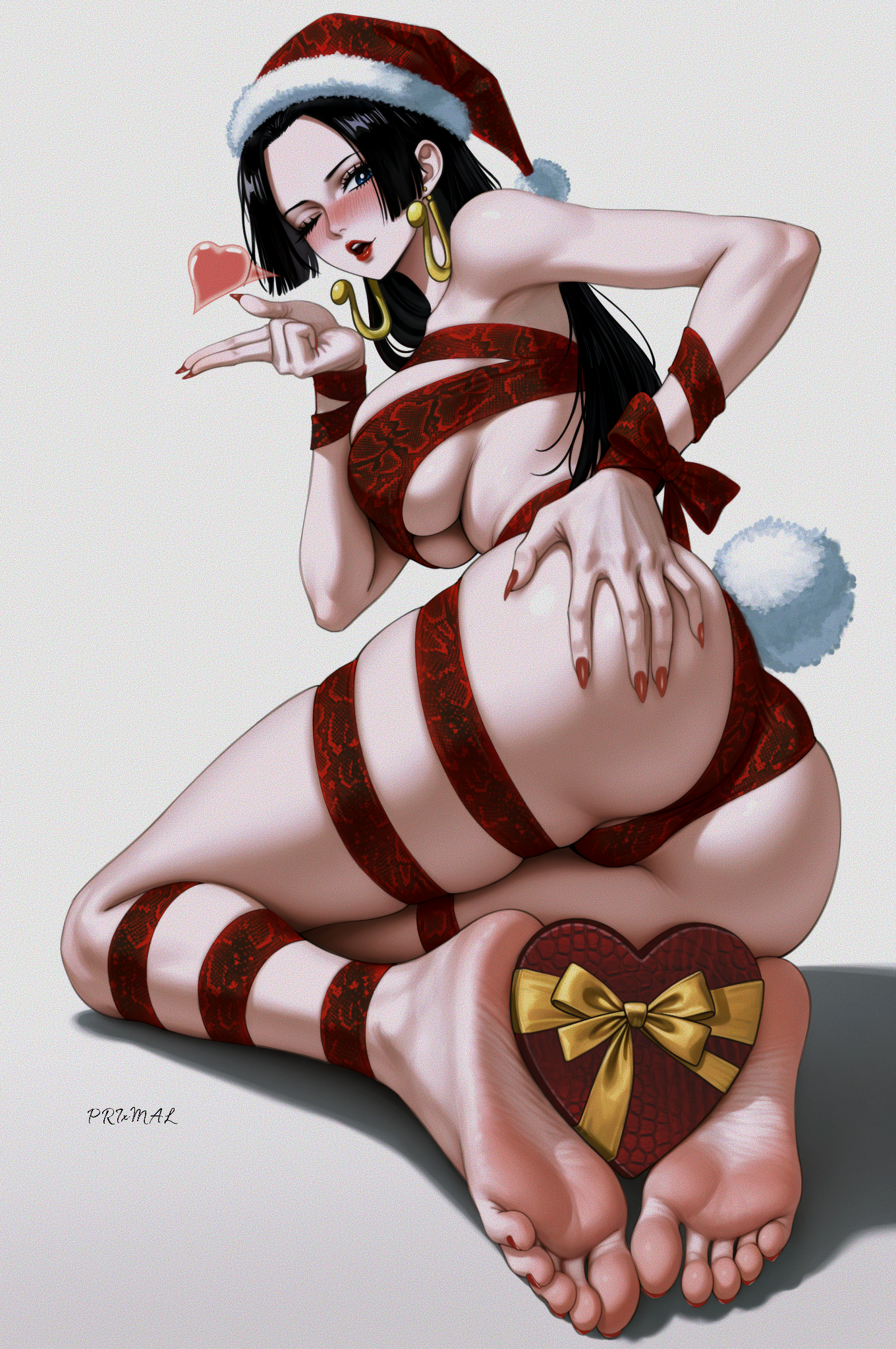prixmal, boa hancock, one piece, commentary, english commentary, highres, 1girl, armpits, bare arms, bare hips, bare legs, bare shoulders, barefoot, black hair, christmas, dress, earrings, feet, fur-trimmed headwear, fur trim, gift, hat, jewelry, long hair, looking at viewer, looking back, no bra, panties, rope, santa costume, santa hat, snake earrings, solo, underwear