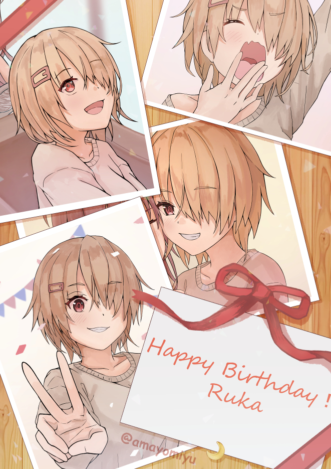 amayomiyu, kayamori ruka, heaven burns red, commentary request, 1girl, :d, alternate costume, blonde hair, blush, casual, closed eyes, covering own mouth, grey sweater, grin, hair ornament, hair over one eye, hairclip, happy, happy birthday, long bangs, looking at viewer, multiple views, one eye covered, open mouth, photo (object), red eyes, red ribbon, ribbon, shirt, short hair, smile, sweater, twitter username, upper body, v, wavy mouth, yawning