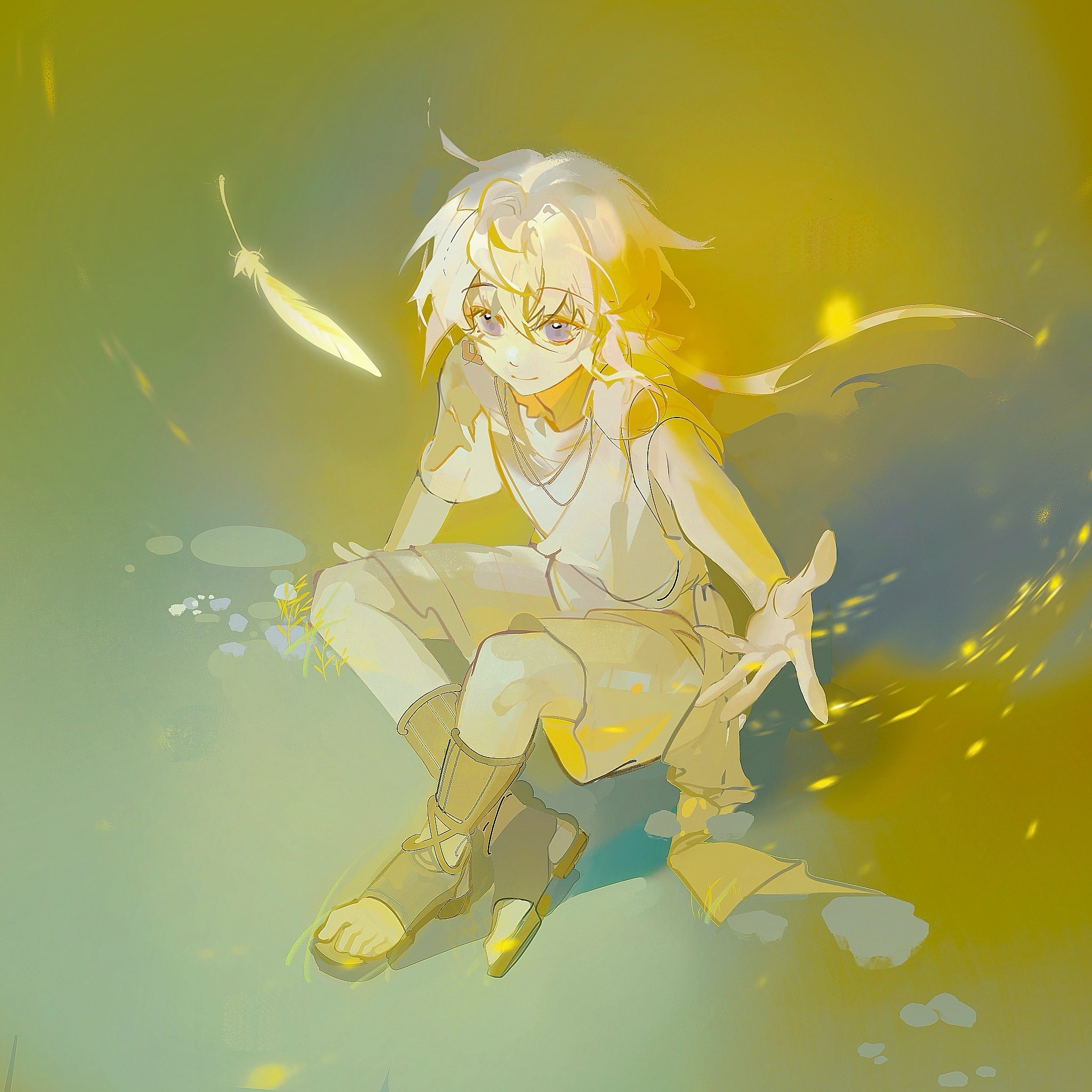 xixun, character request, chinese commentary, commentary request, copyright request, highres, 1girl, brown sandals, closed mouth, dress, falling feathers, feathers, full body, purple eyes, reaching, reaching towards viewer, sandals, short sleeves, sitting, smile, solo, white dress, white hair