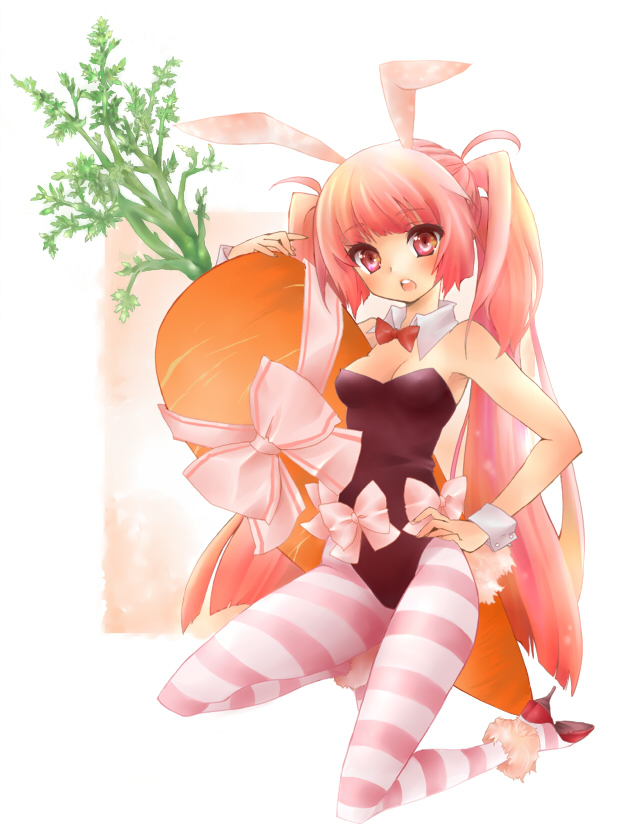 mijinkouka, toka, original, bad id, bad pixiv id, 1girl, animal ears, blush, bow, bowtie, breasts, carrot, cleavage, fake animal ears, female focus, hand on own hip, high heels, hip focus, kneeling, long hair, on one knee, open mouth, pantyhose, pink eyes, pink hair, pink pantyhose, playboy bunny, quad tails, rabbit ears, red eyes, red hair, ribbon, shoes, solo, striped clothes, striped pantyhose, twintails, very long hair, wrist cuffs