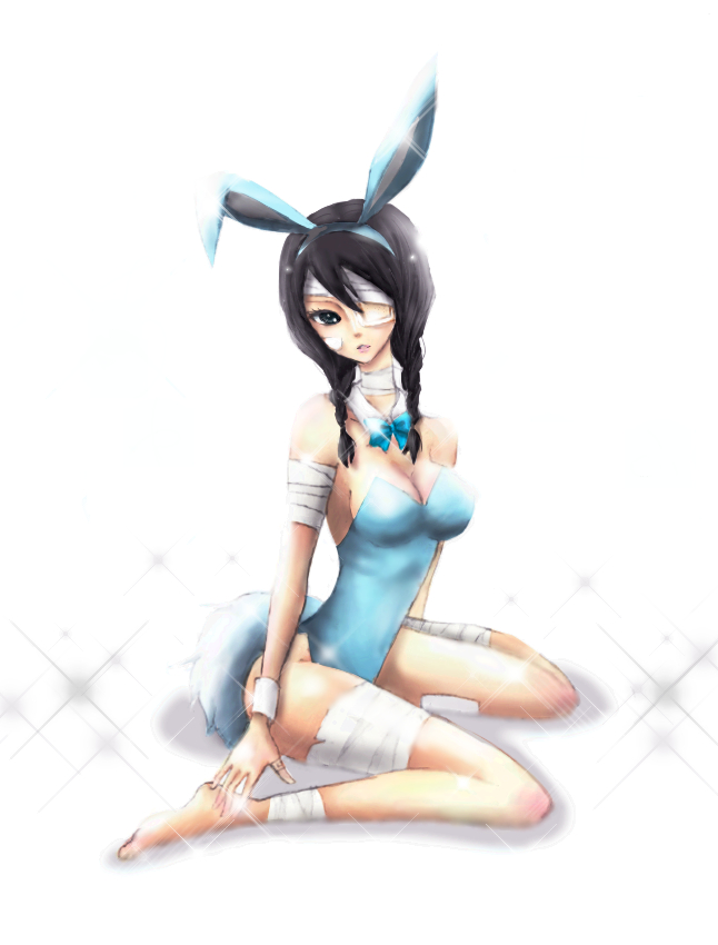 chihiro0417, kobushi abiru, sayonara zetsubou sensei, bad id, bad pixiv id, 00s, 1girl, animal ears, bandage over one eye, bandages, bare legs, black hair, blue eyes, braid, breasts, eyepatch, fake animal ears, female focus, large breasts, legs, playboy bunny, rabbit ears, solo, twin braids