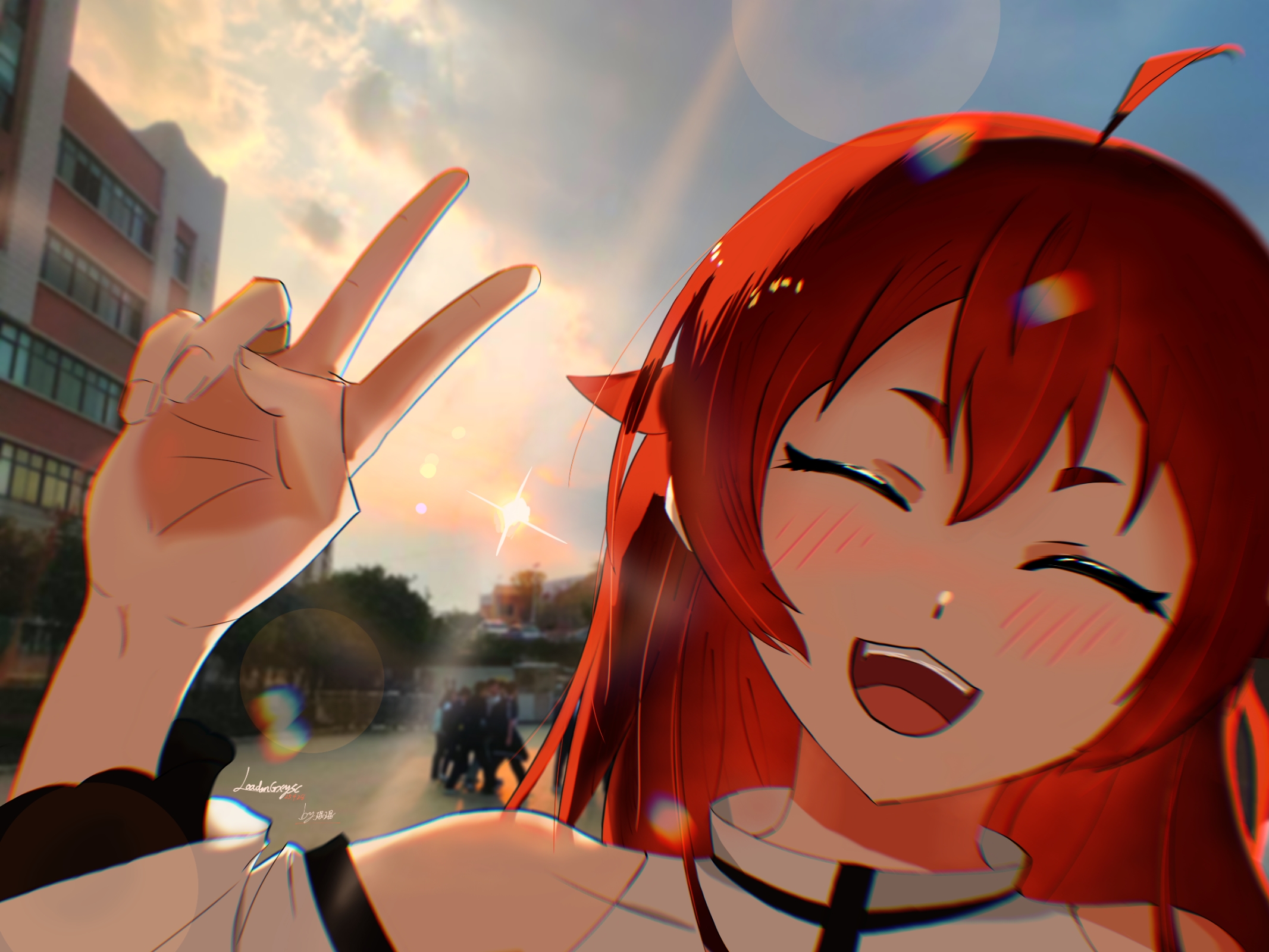 eris greyrat, mushoku tensei, highres, 1girl, arm up, artist name, blush, closed eyes, happy, long hair, open mouth, photo background, red hair, school, smile, teeth, tongue, v