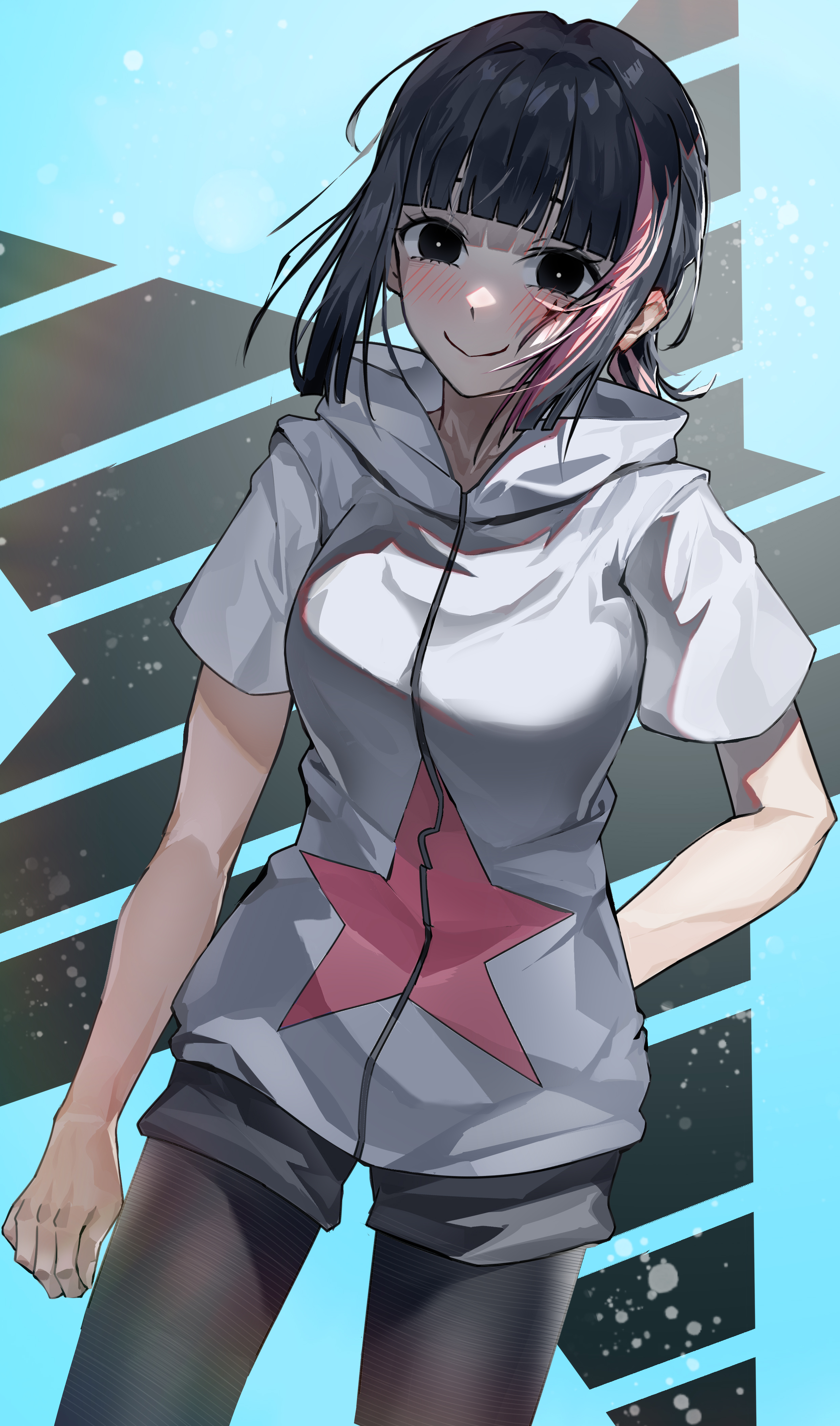 lanhei, shinonome rei (isshou senkin), isshou senkin, highres, 1girl, black eyes, black hair, black shorts, black thighhighs, blue background, blush, closed mouth, grey sweater, hood, looking at viewer, multicolored hair, pink hair, ponytail, short hair, shorts, smile, star (symbol), streaked hair, sweater, thighhighs, two-tone hair