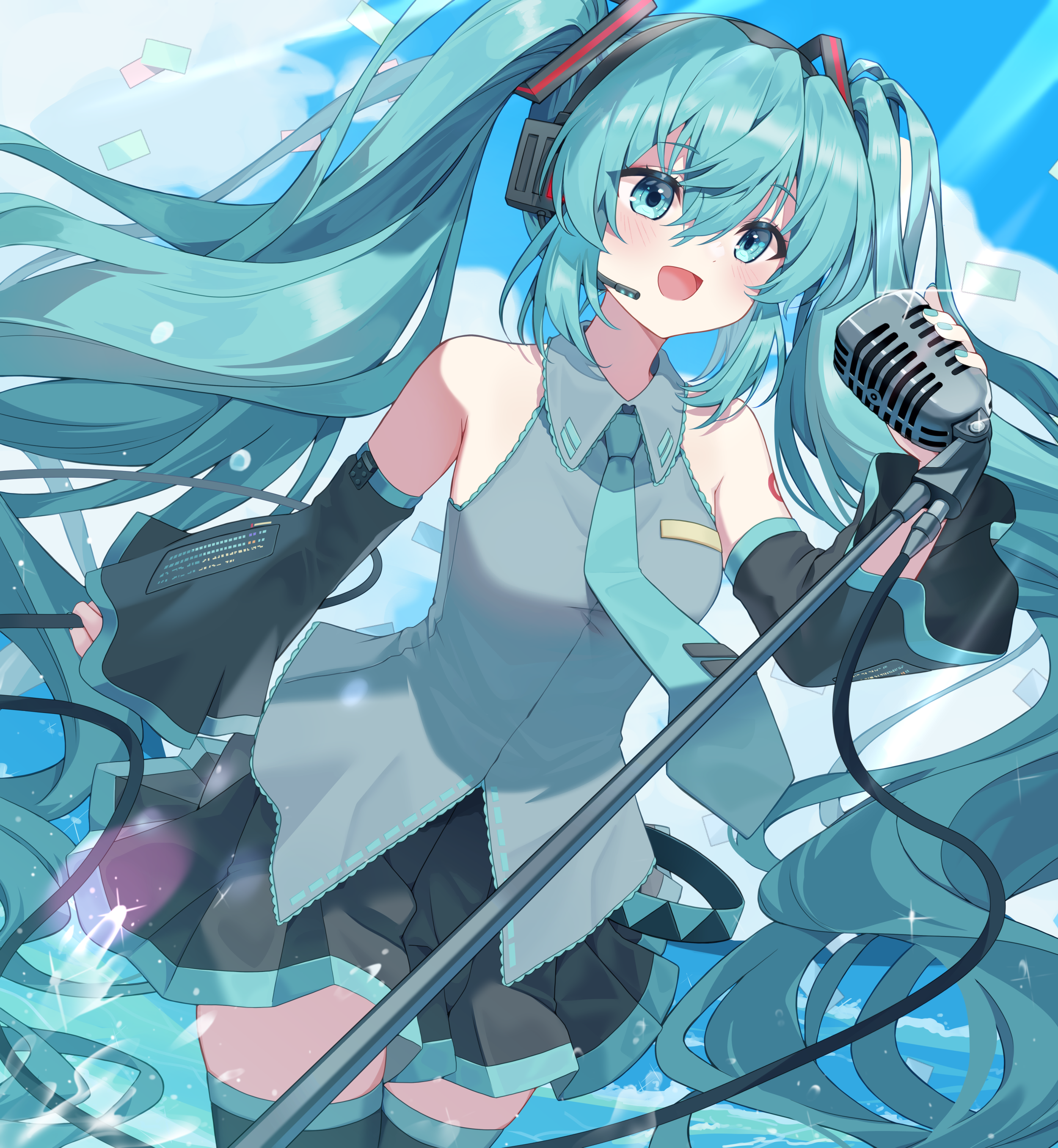 ajeu914, hatsune miku, vocaloid, absurdres, commentary request, highres, 1girl, aqua eyes, aqua hair, aqua nails, aqua necktie, aqua trim, arm tattoo, bare shoulders, black skirt, blue sky, blush, breasts, collared shirt, detached sleeves, fingernails, grey shirt, hair between eyes, hair ornament, holding, holding microphone, long hair, medium breasts, microphone, microphone stand, miniskirt, nail polish, necktie, number tattoo, open mouth, outdoors, pleated skirt, shirt, skirt, sky, sleeveless, sleeveless shirt, smile, solo, tattoo, thighhighs, twintails, very long hair, wide sleeves, zettai ryouiki
