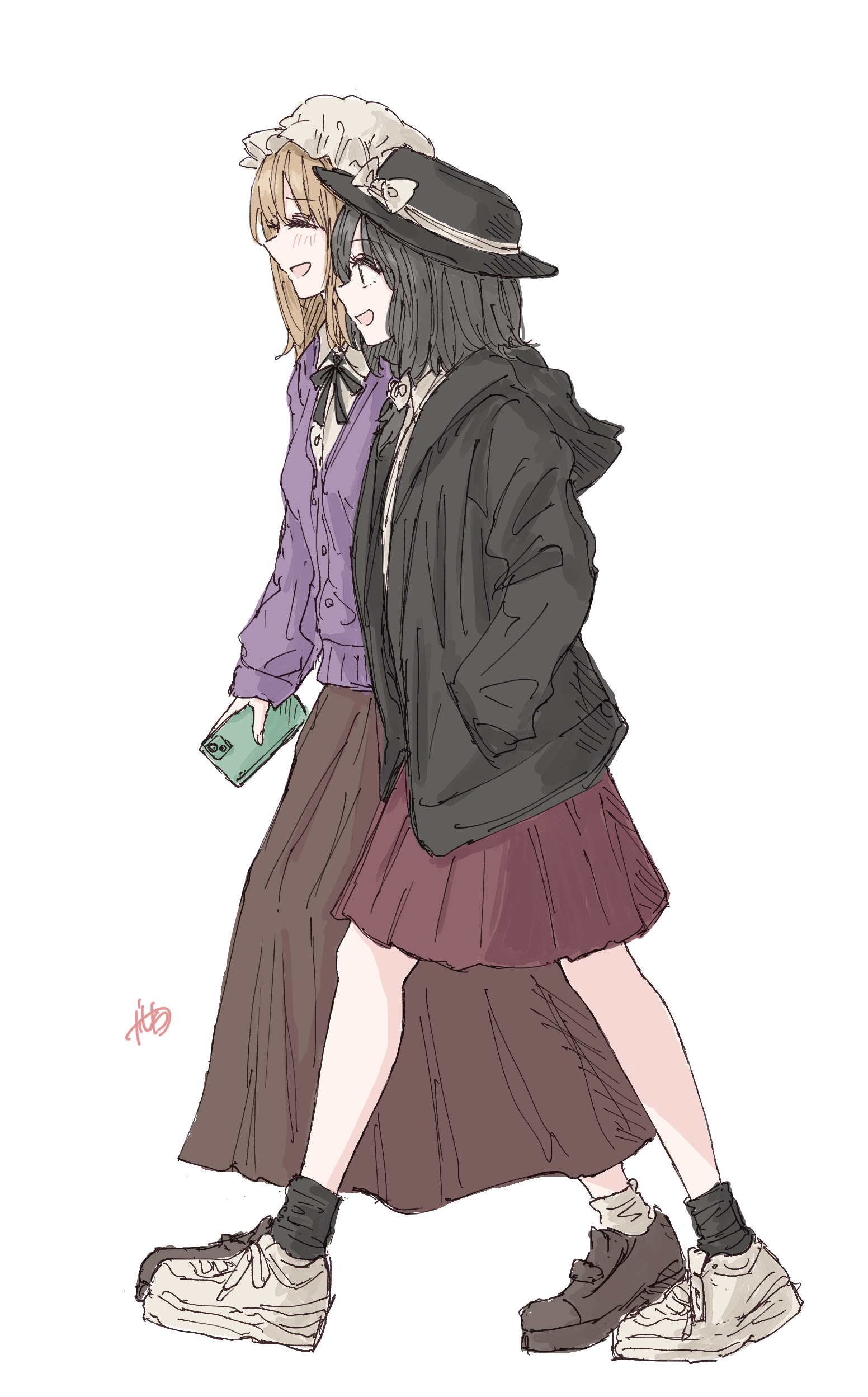 kashiwada kiiho, maribel hearn, usami renko, touhou, absurdres, commentary request, highres, 2girls, ^ ^, alternate costume, black hat, black hoodie, black socks, blonde hair, brown hair, brown shoes, brown skirt, cardigan, cellphone, closed eyes, contemporary, from side, hand in pocket, hands in pockets, hat, holding, holding phone, hood, hoodie, loafers, mob cap, multiple girls, open mouth, phone, purple cardigan, red skirt, shirt, shoes, signature, simple background, skirt, smartphone, sneakers, socks, walking, white background, white hat, white shirt, white shoes, white socks