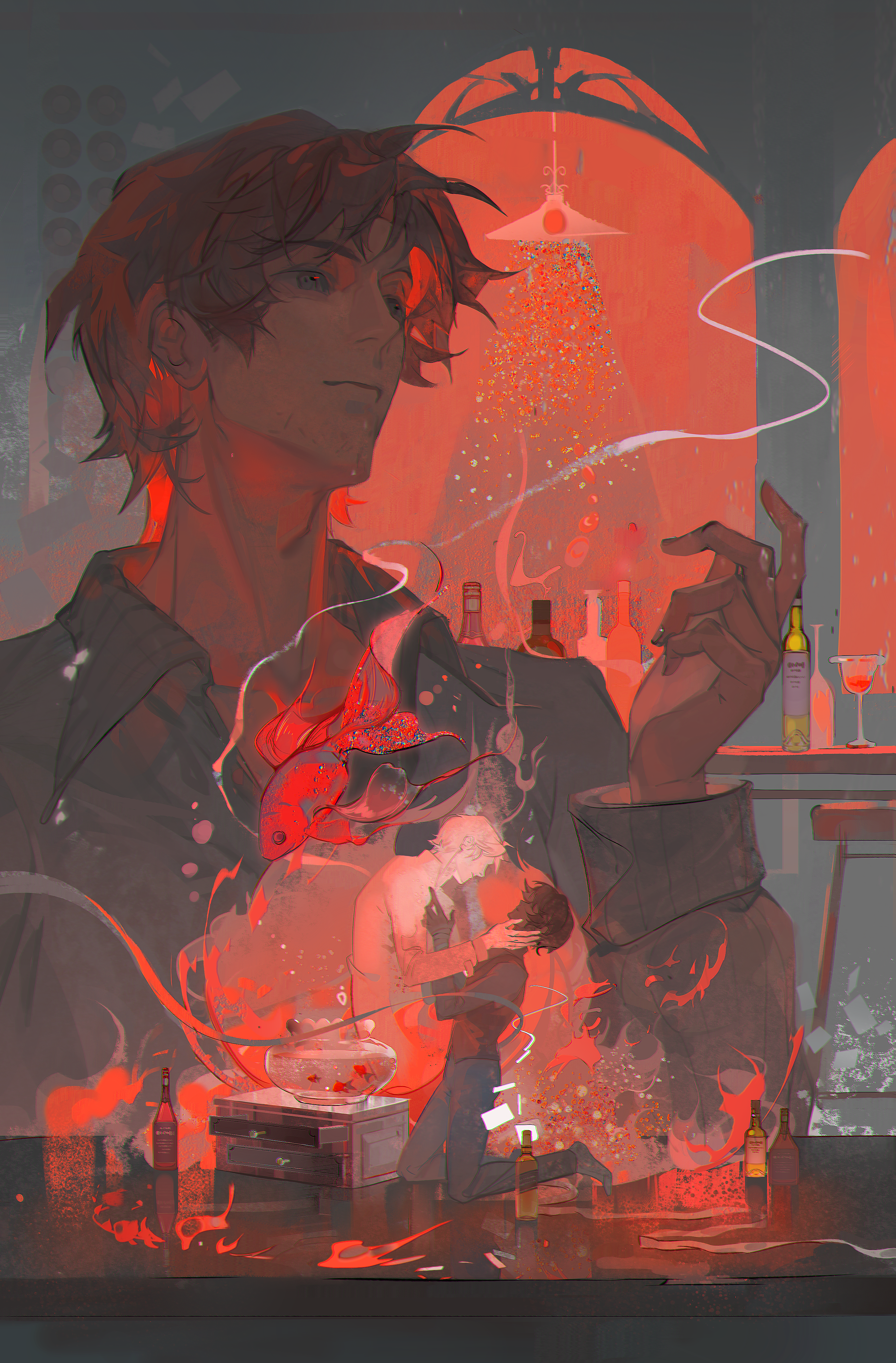 xixun, dazai osamu (bungou stray dogs), oda sakunosuke (bungou stray dogs), bungou stray dogs, absurdres, chinese commentary, commentary request, highres, 2boys, bandaged arm, bandages, beard stubble, black eyes, bottle, brown hair, brown vest, chromatic aberration, closed mouth, collared shirt, cup, drinking glass, facial hair, fish, fishbowl, goldfish, grey pants, grey shirt, hand on another's neck, hand up, male focus, multiple boys, pants, shirt, short hair, stubble, vest