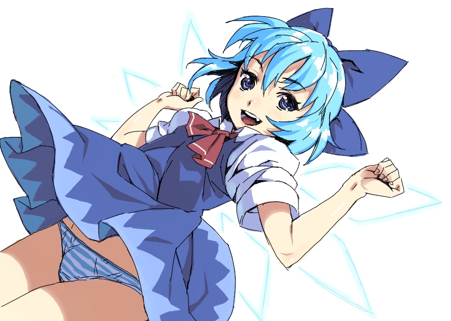 poporon, cirno, touhou, blue eyes, blue hair, blush, dress, fang, panties, ribbon, short hair, solo, striped clothes, striped panties, underwear