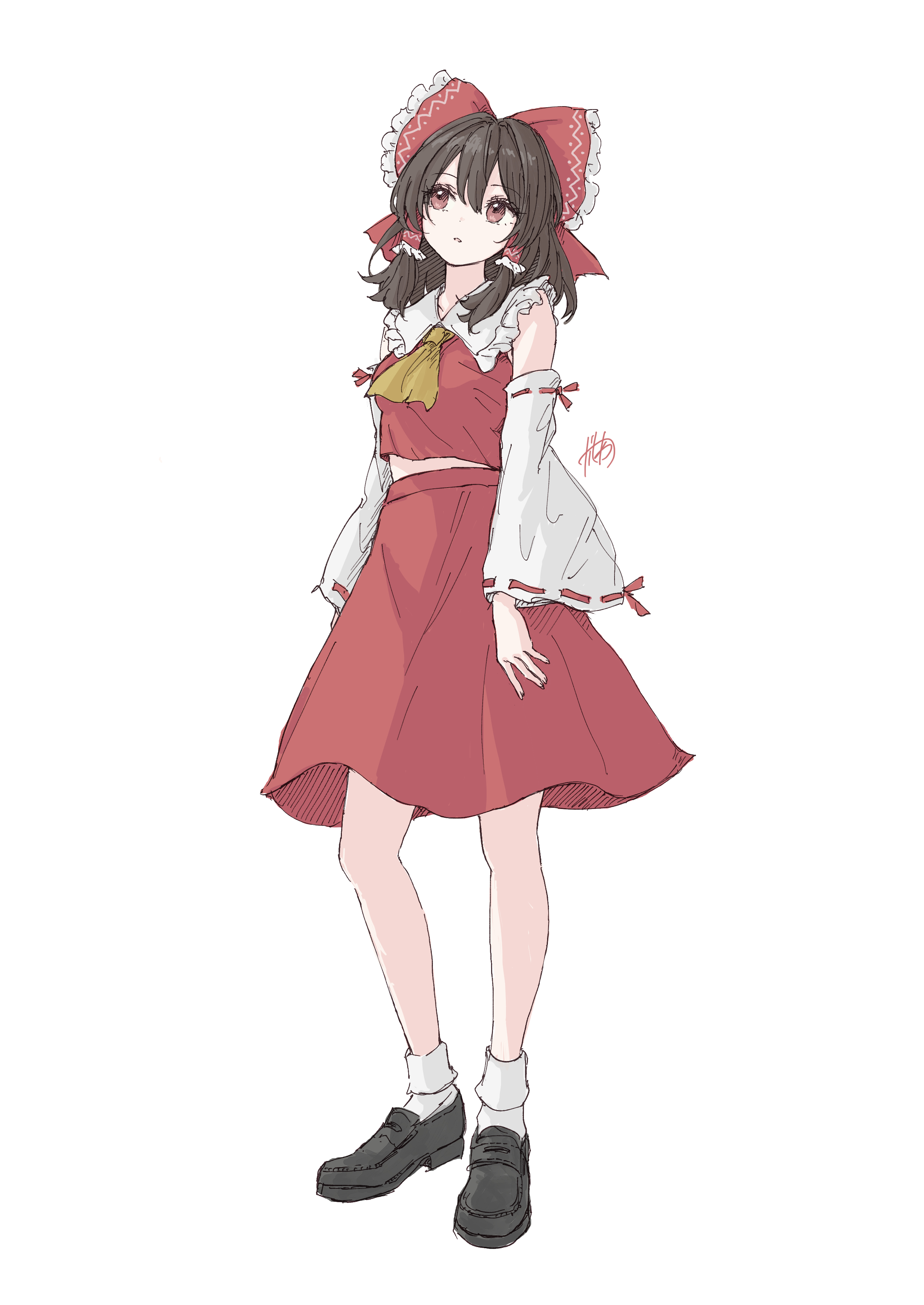 kashiwada kiiho, hakurei reimu, touhou, absurdres, commentary request, highres, 1girl, ascot, black shoes, bow, brown eyes, brown hair, collared shirt, contrast collar, detached sleeves, frilled bow, frilled hair tubes, frilled shirt collar, frills, full body, hair between eyes, hair bow, hair tubes, long hair, red bow, red shirt, red skirt, ribbon-trimmed sleeves, ribbon trim, shirt, shoes, signature, simple background, skirt, skirt set, socks, solo, standing, white background, white sleeves, white socks, yellow ascot