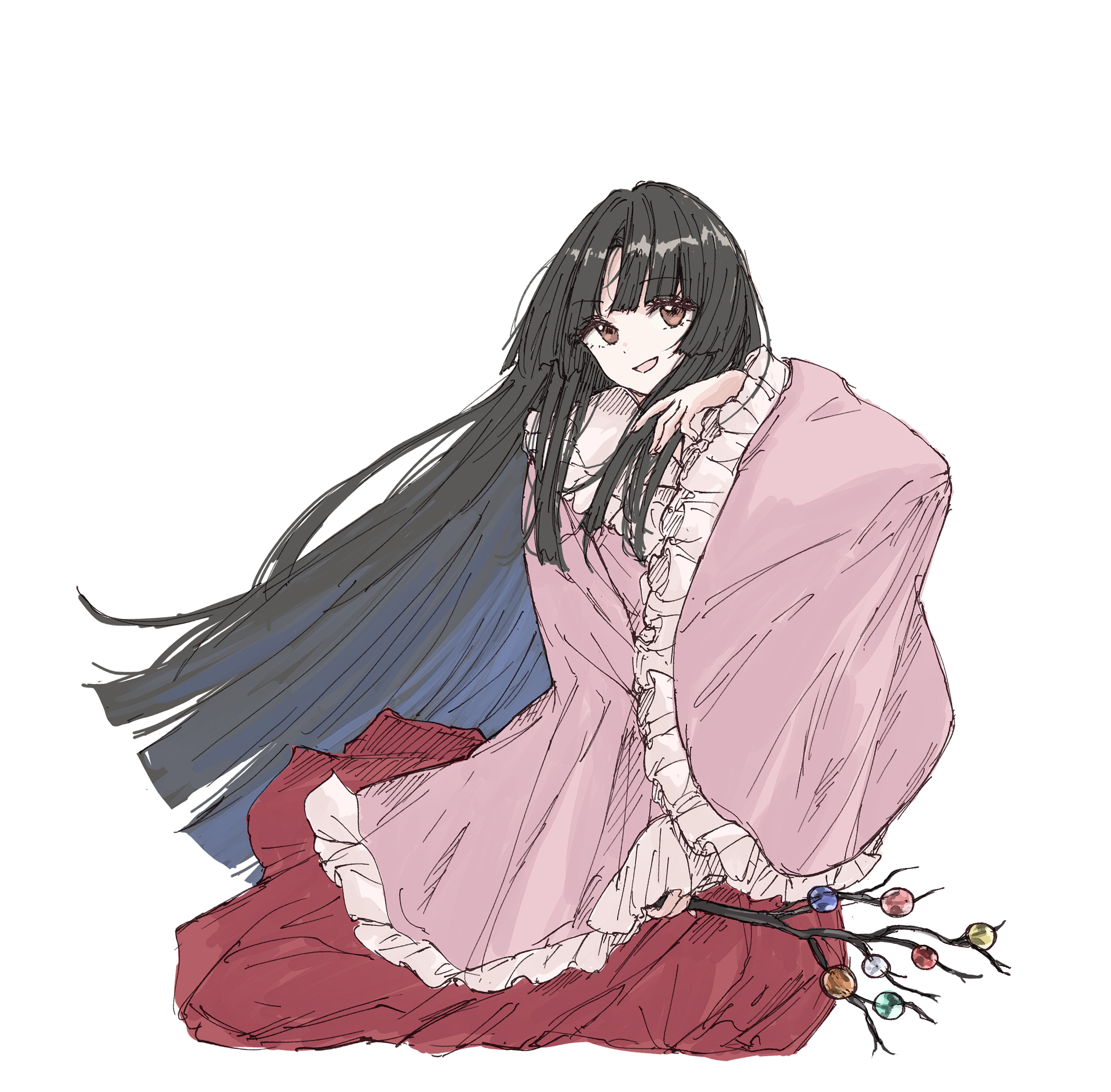 kashiwada kiiho, houraisan kaguya, touhou, commentary request, highres, 1girl, black hair, branch, brown eyes, frilled sleeves, frills, hand up, hime cut, jeweled branch of hourai, long hair, long sleeves, looking at viewer, open mouth, parted lips, pink shirt, red skirt, shirt, simple background, skirt, smile, solo, very long hair, white background, wide sleeves