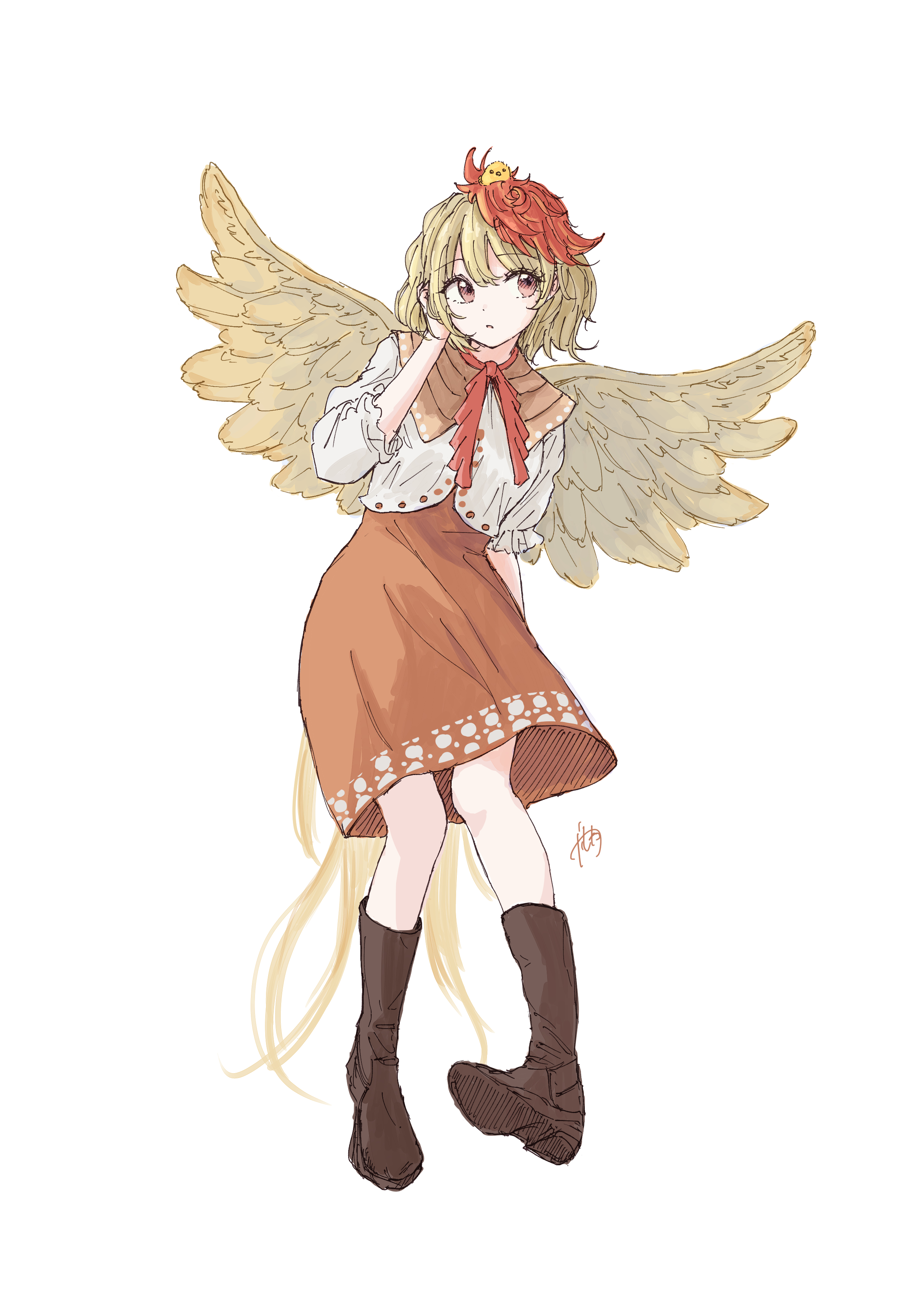 kashiwada kiiho, niwatari kutaka, touhou, absurdres, commentary request, highres, 1girl, animal, animal on head, baby animal, bird, bird on head, bird tail, blonde hair, boots, brown boots, chick, chicken girl, feathered wings, full body, hand in own hair, knee boots, looking to the side, medium hair, multicolored hair, on head, orange eyes, orange skirt, red hair, rooster tail, shirt, short sleeves, signature, skirt, solo, tail, two-tone hair, white background, white shirt, wings, yellow wings