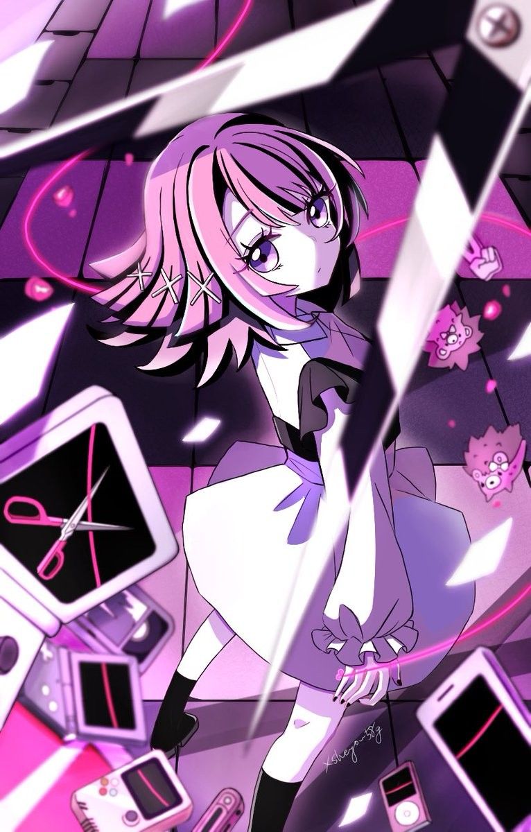 mochopaccho, nira-chan, nira-chan (baka janai noni) (zutomayo), uniguri (zutomayo), baka janai noni (zutomayo), zutto mayonaka de ii no ni, commentary request, highres, 1girl, artist name, black boots, black bustier, black hair, black nails, boots, bustier, closed mouth, colored inner hair, controller, dress shirt, fingernails, game console, hair ornament, handheld game console, hedgehog, long sleeves, looking at viewer, medium hair, mimikayushi (zutomayo), multicolored hair, nail polish, pink hair, pink theme, purple eyes, shirt, standing, streaked hair, string, string of fate, twitter username, white shirt, x hair ornament