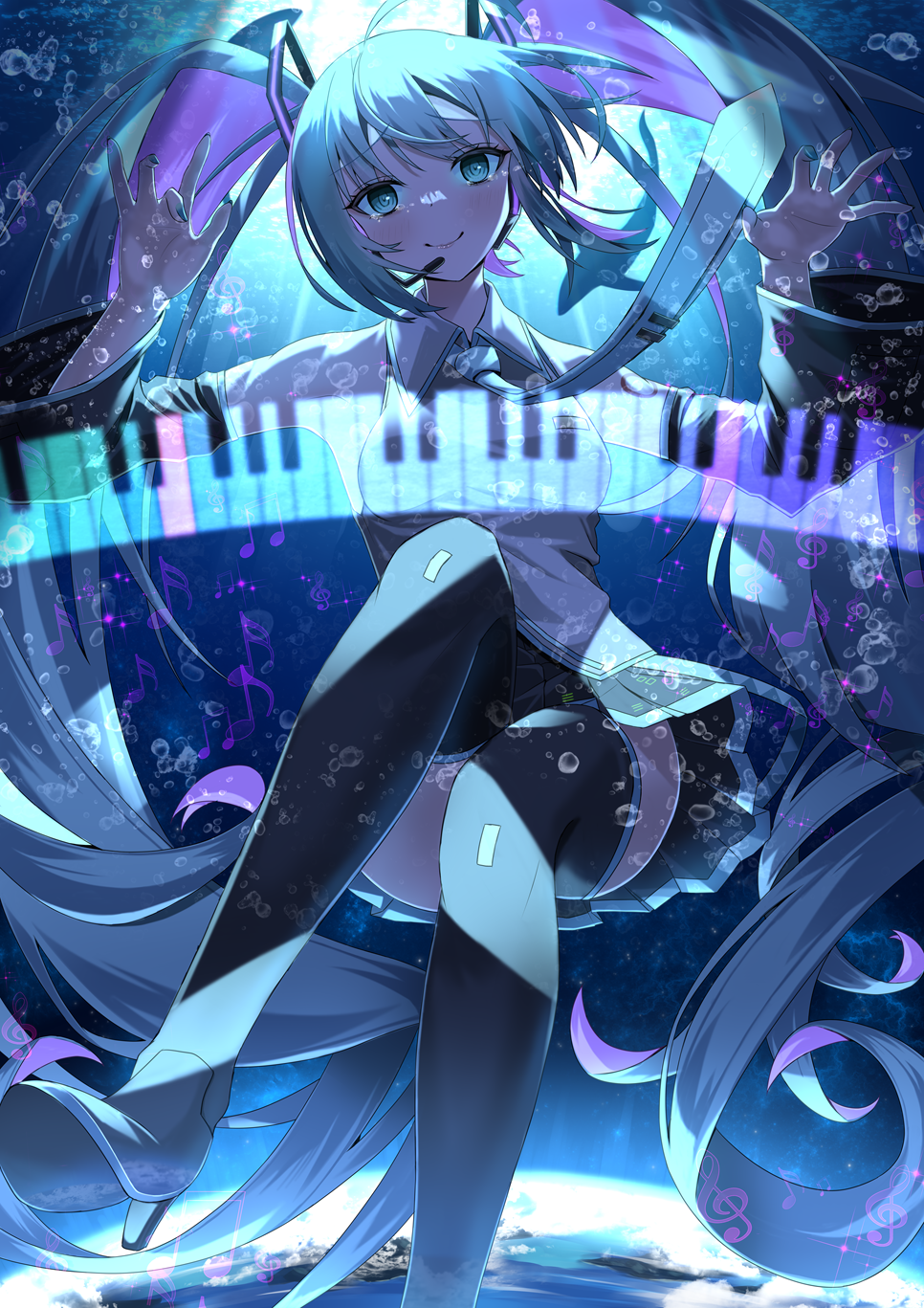 regress, hatsune miku, vocaloid, commentary request, highres, 1girl, aqua eyes, aqua hair, aqua nails, aqua necktie, aqua trim, arm tattoo, bare shoulders, black skirt, blush, breasts, closed mouth, collared shirt, colored inner hair, detached sleeves, fingernails, foot out of frame, grey shirt, hair between eyes, hair ornament, holding, long hair, looking at viewer, medium breasts, microphone, microphone stand, miniskirt, multicolored hair, nail polish, necktie, number tattoo, piano keys, pleated skirt, purple hair, shirt, skirt, sleeveless, sleeveless shirt, smile, solo, tattoo, thighhighs, twintails, underwater, very long hair, wide sleeves, zettai ryouiki