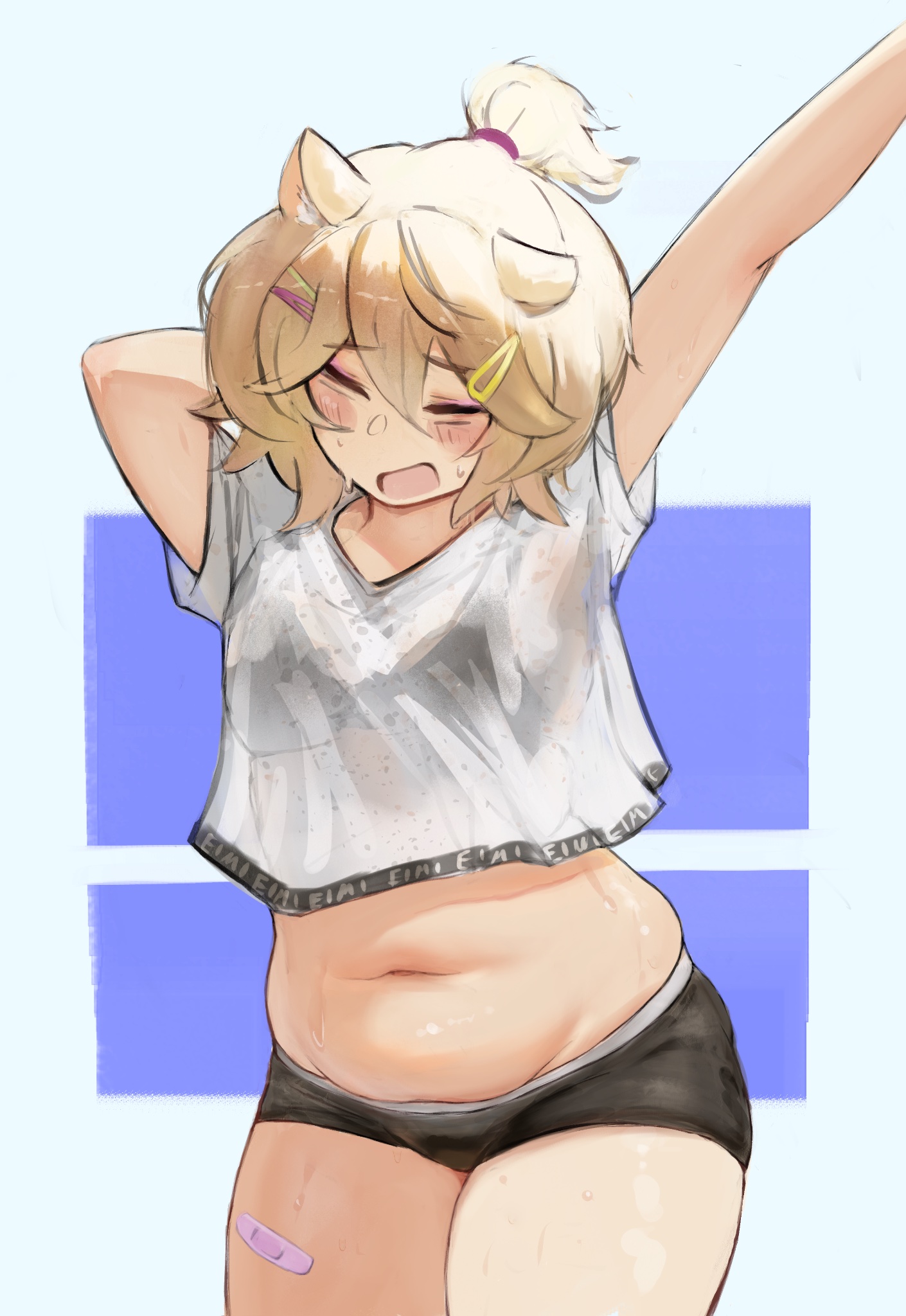 nao (gzyr5258), eimi isami, phase connect, 1girl, animal ear fluff, animal ears, arm behind head, arm up, bandaid, bandaid on leg, black shorts, blonde hair, blush, bra visible through clothes, breasts, closed eyes, crop top, eyeshadow, hair ornament, hair tie, hairclip, medium hair, muffin top, navel, open mouth, pink eyeshadow, plump, ponytail, shirt, short ponytail, short shorts, shorts, small breasts, solo, standing, stretching, sweat, virtual youtuber, white background, white shirt