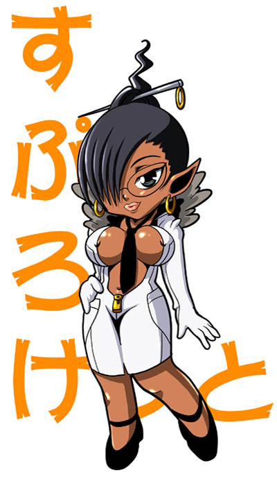 sprocket (viewtiful joe), capcom, viewtiful joe, 00s, areola slip, black eyes, black hair, breasts, chibi, dark skin, glasses, pointy ears