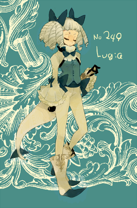 l hakase, lugia, nintendo, pokemon, costume, bad id, bad pixiv id, 1girl, boots, bow, closed eyes, drill hair, female focus, full body, gen 2 pokemon, gloves, hair bow, legendary pokemon, personification, pokedex number, solo, tail, vest, white hair