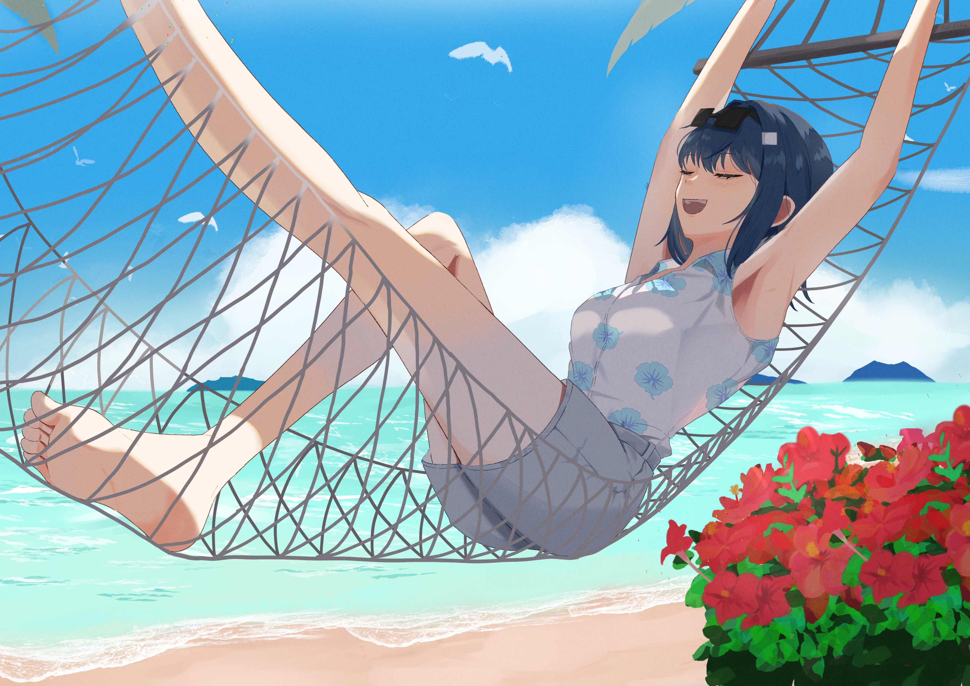 kenooba, hekate (hero killer), hero killer, flower request, highres, 1girl, armpits, arms up, barefoot, beach, blue hair, blue sky, bush, closed eyes, flower, grey shorts, hammock, lying, open mouth, sand, shirt, short hair, shorts, sky, sleeveless, sleeveless shirt, smile, summer, sunglasses, sunglasses on head, water, white shirt