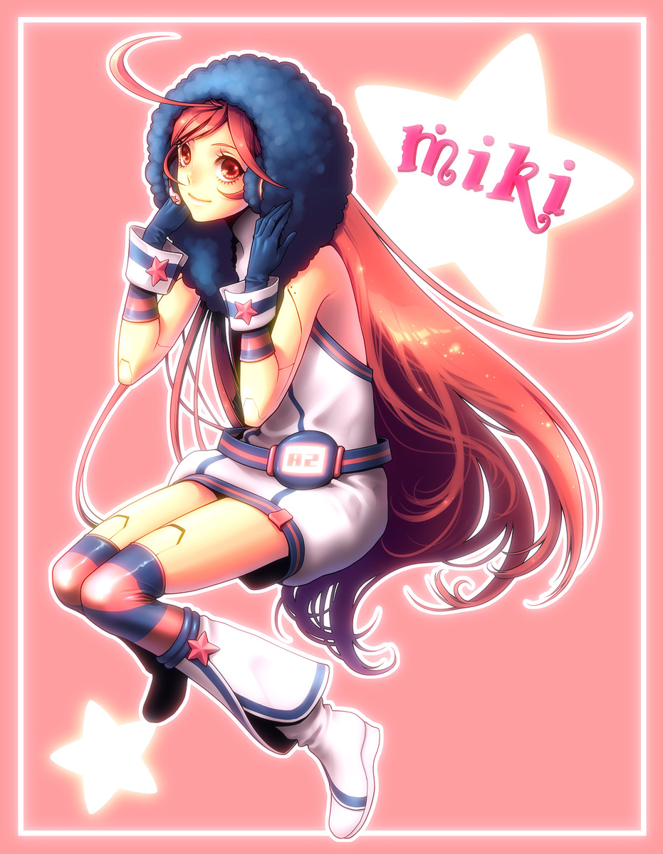 kayu, sf-a2 miki, vocaloid, multicolored legwear, bad id, bad pixiv id, highres, 1girl, ahoge, belt, boots, dress, female focus, full body, gloves, headphones, headset, hood, kneehighs, long hair, red eyes, red hair, smile, socks, solo, star (symbol), striped clothes, striped gloves, striped socks, thighhighs, wrist cuffs