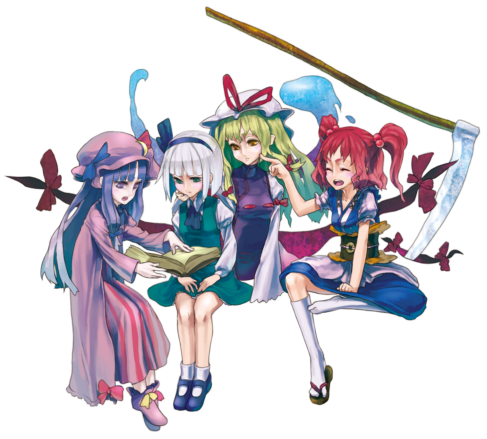 poppo (artist), rzpoppo, thupoppo, konpaku youmu, konpaku youmu (ghost), onozuka komachi, patchouli knowledge, yakumo yukari, touhou, silver hair, bad id, bad pixiv id, highres, 4girls, blonde hair, book, female focus, gap (touhou), hair bobbles, hair ornament, hairband, hat, long hair, mob cap, multiple girls, okobo, platform sandals, purple hair, red hair, sandals, scythe, shoes, short hair, single shoe, socks