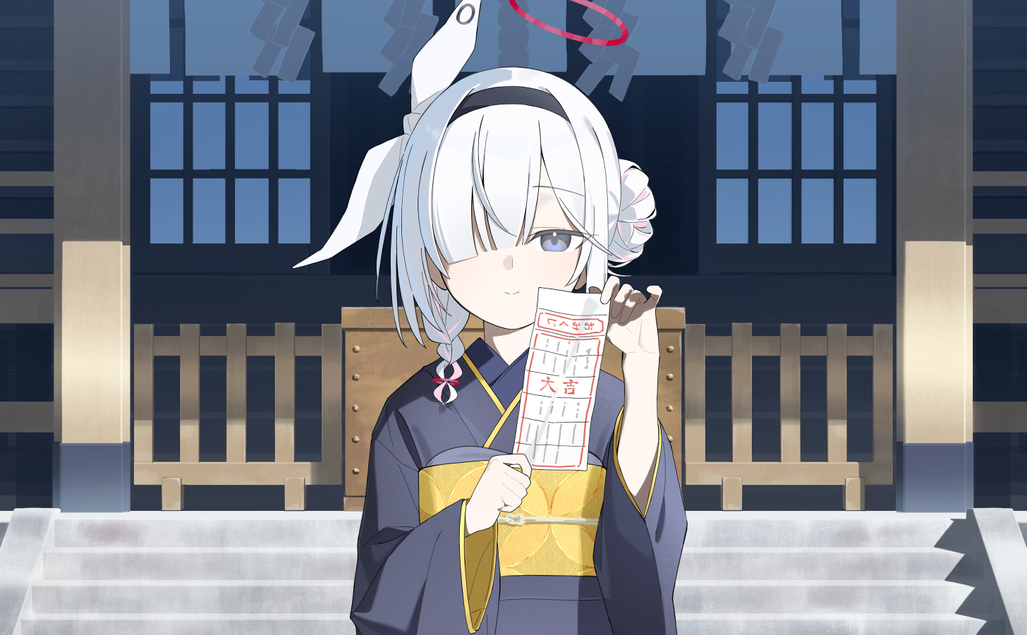 anohito401, plana (blue archive), blue archive, commentary request, 1girl, alternate costume, black hairband, black kimono, braid, closed mouth, hair bun, hair over one eye, hairband, halo, holding, holding paper, japanese clothes, kimono, long sleeves, looking at viewer, multicolored hair, obi, omikuji, paper, red halo, sash, single braid, smile, solo, stairs, upper body, white hair, wide sleeves