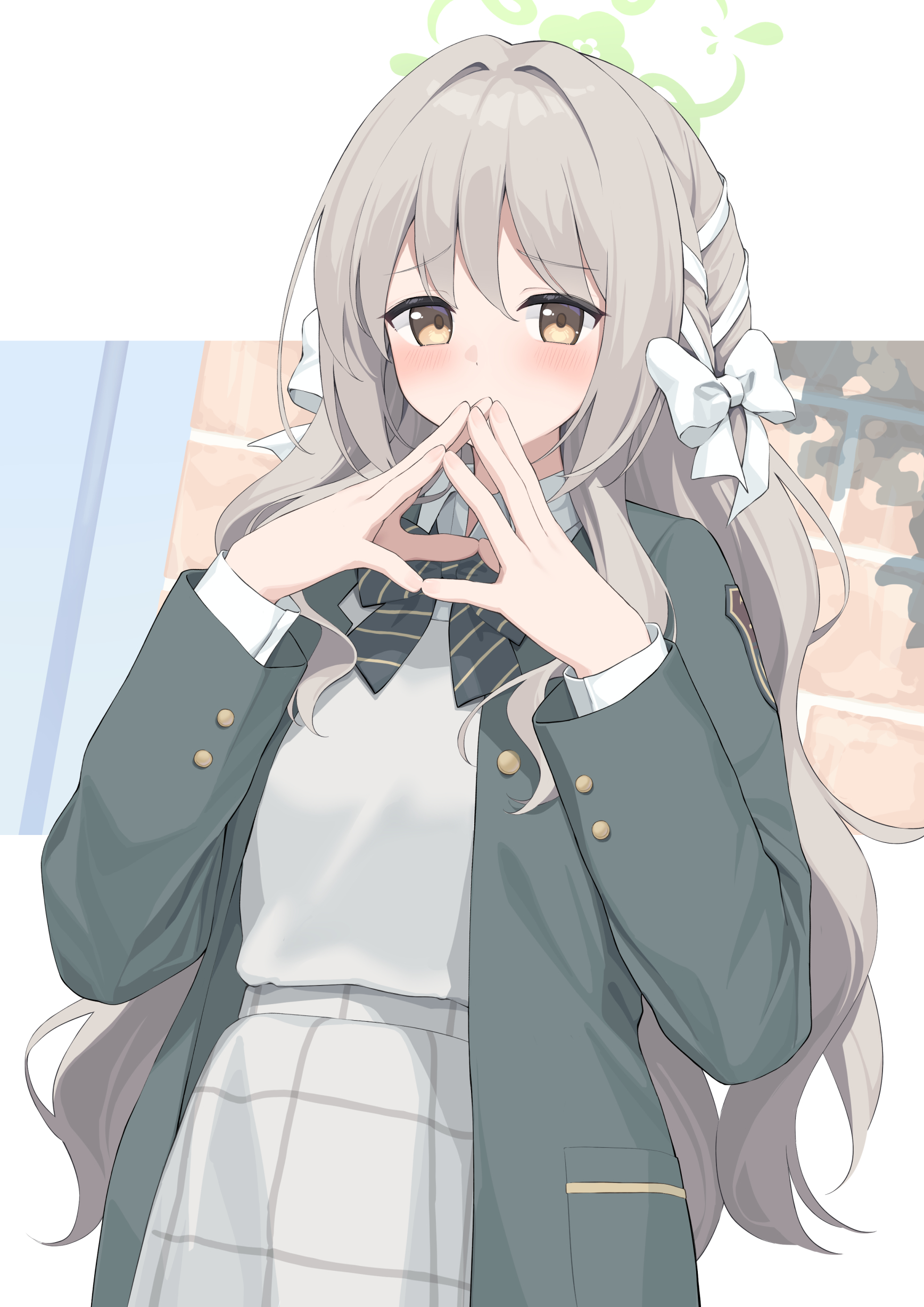 hotarihotaru, miyo (blue archive), blue archive, absurdres, commentary request, highres, 1girl, black bow, black bowtie, black jacket, blazer, blue bow, blush, bow, bowtie, braid, closed mouth, collared shirt, dress shirt, green halo, grey hair, grey skirt, hair between eyes, hair bow, hair intakes, hair ribbon, halo, jacket, long hair, long sleeves, looking at viewer, medium skirt, plaid clothes, plaid skirt, pleated skirt, ribbon, ribbon braid, school uniform, shirt, skirt, solo, very long hair, wavy hair, white bow, white ribbon, white shirt, yellow eyes