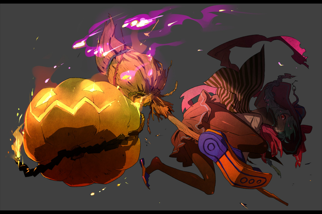 mohikan5, bad id, bad pixiv id, 1girl, black hair, broom, brown pantyhose, female focus, from below, halloween, hat, jack-o'-lantern, letterboxed, pantyhose, pumpkin, red eyes, solo, witch hat