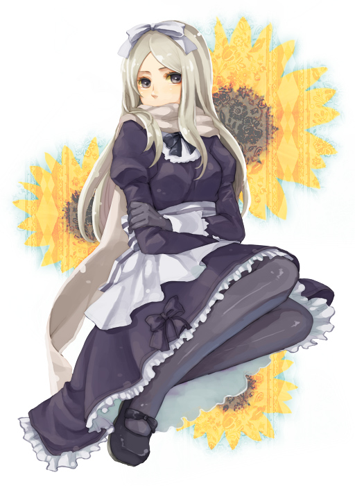 riku (me-in), belarus (hetalia), axis powers hetalia, bad id, bad pixiv id, 00s, 1girl, apron, bow, dress, female focus, flower, full body, gloves, grey hair, hair bow, long hair, mary janes, pantyhose, purple eyes, scarf, shoes, solo, sunflower