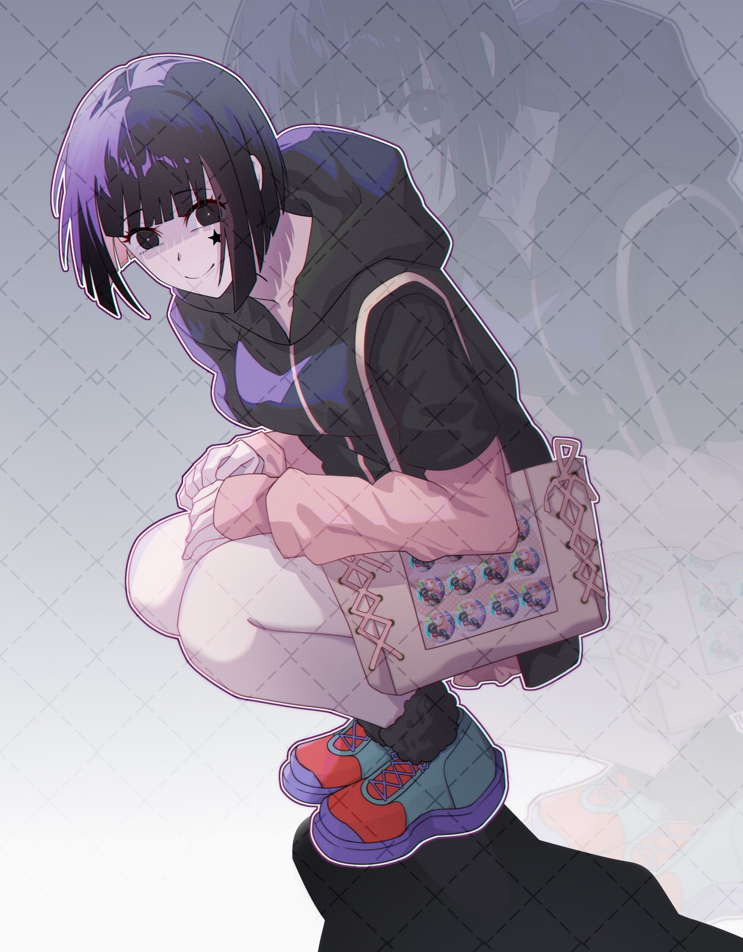 lanhei, shinonome rei (isshou senkin), isshou senkin, 1girl, bag, black eyes, black hair, black hoodie, black socks, black sweater, closed mouth, crouching, hoodie, looking at viewer, pink shorts, pink sleeves, shoes, short hair, shorts, smile, sneakers, socks, solo, star (symbol), sweater