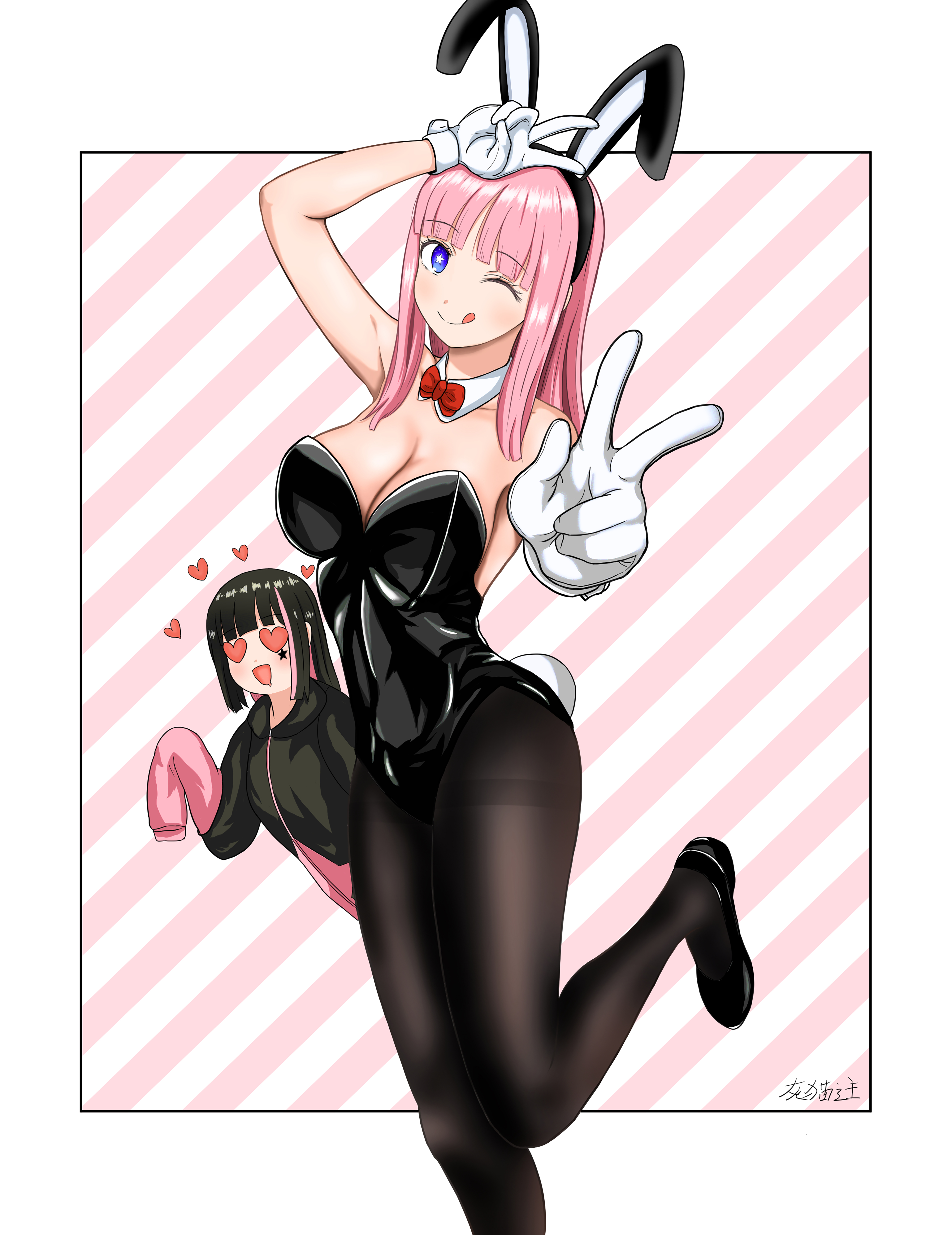 user fugv2783, hongou hina, shinonome rei (isshou senkin), isshou senkin, 2girls, black hair, black leotard, black pantyhose, border, breasts, cleavage, double v, hands up, leotard, light blush, long hair, long sleeves, looking at viewer, multicolored hair, multiple girls, one eye closed, open mouth, pantyhose, pink background, pink hair, playboy bunny, rabbit ears, rabbit tail, shoes, sleeves past fingers, sleeves past wrists, smile, streaked hair, striped background, tongue, tongue out, two-tone hair, v, white background, white border