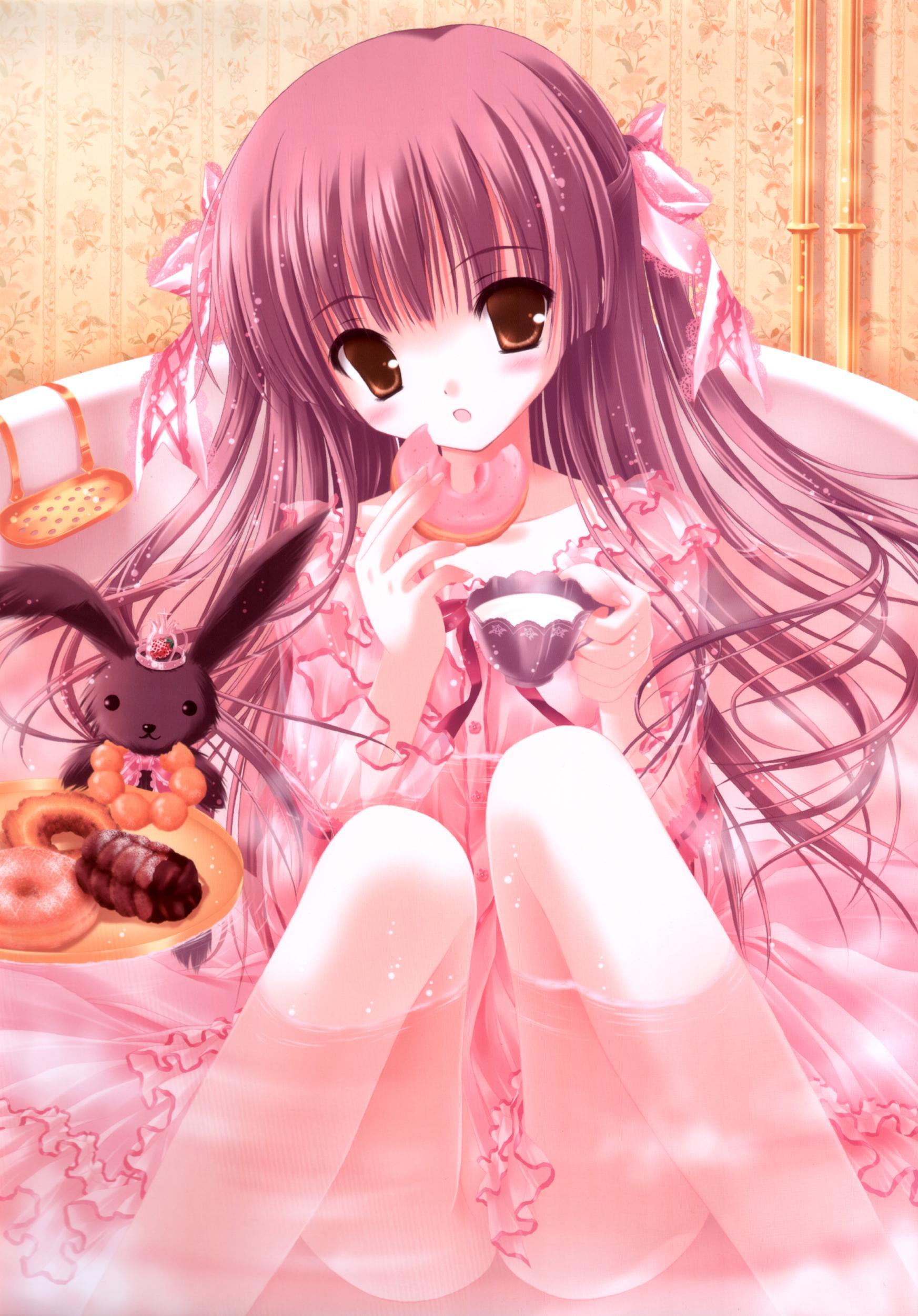 tinker bell (pixiv 10956015), absurdres, highres, 1girl, bathtub, brown eyes, censored, clothes between thighs, convenient censoring, donut, eating, female focus, food, long hair, no panties, pink hair, rabbit, ribbon, solo, wet, wet clothes