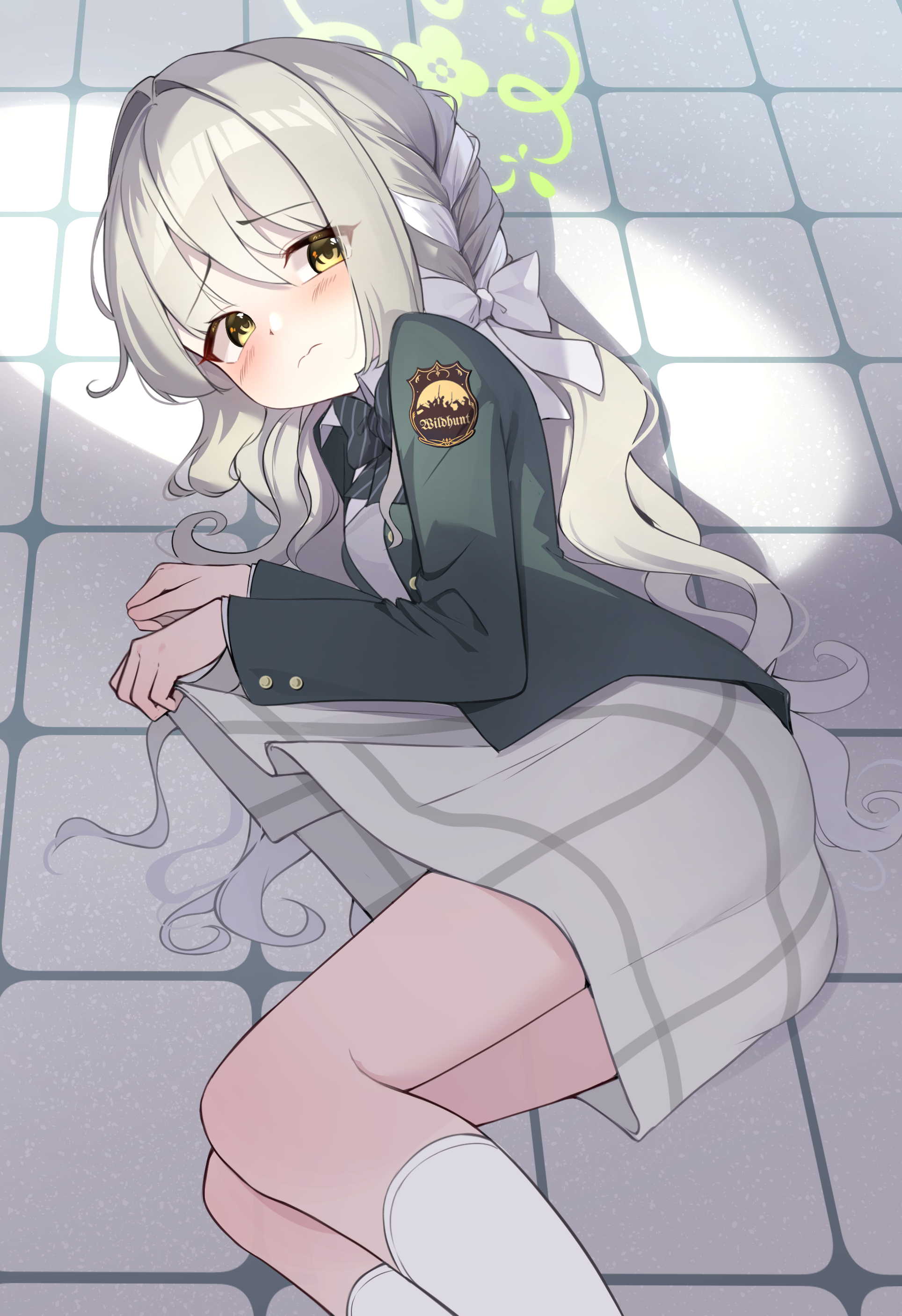 tisofofo, miyo (blue archive), blue archive, absurdres, commentary request, highres, 1girl, black bow, black bowtie, black jacket, blazer, blue bow, blush, bow, bowtie, braid, closed mouth, clothes lift, collared shirt, dress shirt, green halo, grey hair, grey skirt, hair between eyes, hair bow, hair intakes, hair ribbon, halo, jacket, lifting own clothes, long hair, long sleeves, looking at viewer, lying, medium skirt, on side, plaid clothes, plaid skirt, pleated skirt, ribbon, ribbon braid, school uniform, shirt, skirt, skirt lift, socks, solo, tile floor, tiles, very long hair, wavy hair, white bow, white ribbon, white shirt, white socks, yellow eyes