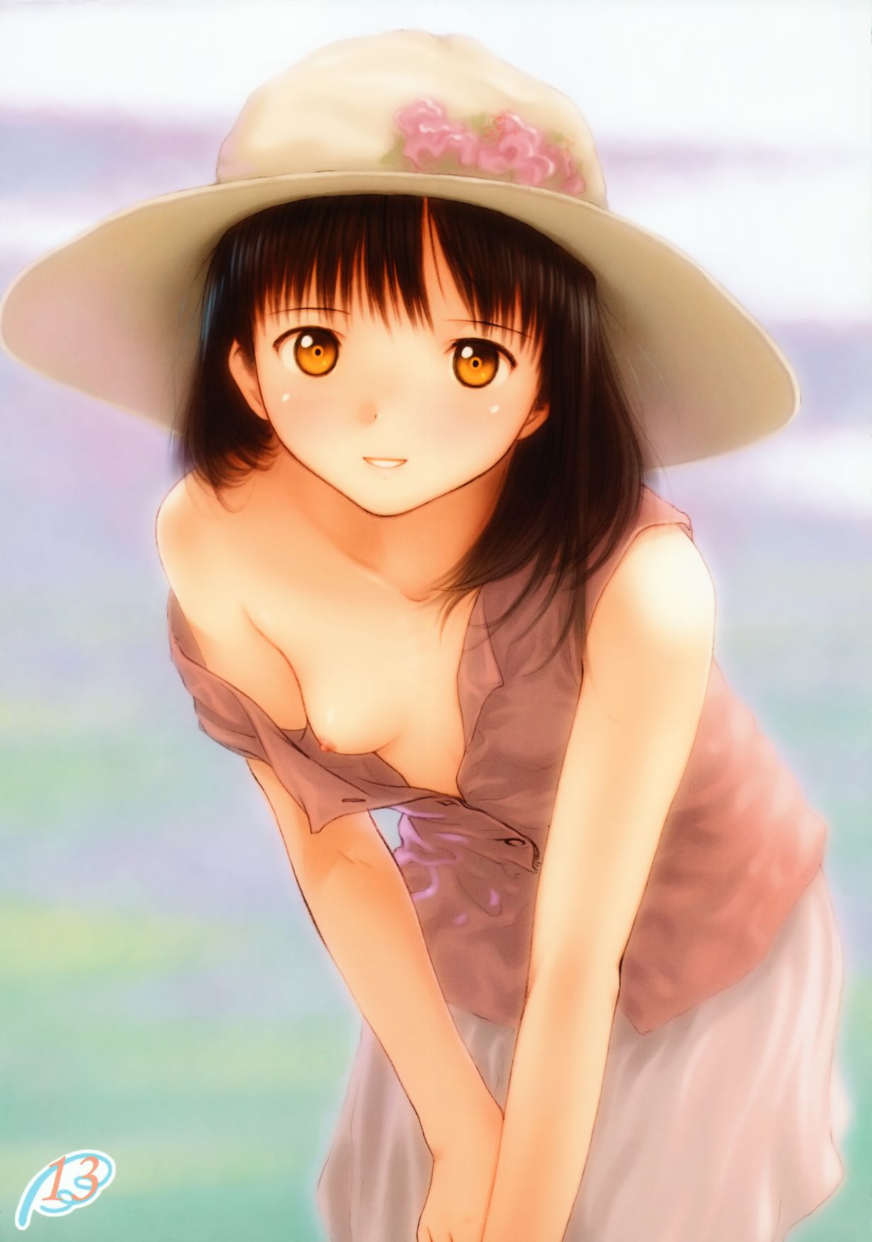 kobayashi yuji, clothes, eyebrows, highres, 1girl, breast slip, breasts, brown hair, downblouse, female focus, hat, leaning forward, looking at viewer, medium breasts, nipple slip, nipples, no bra, one breast out, open clothes, open shirt, orange eyes, shirt, skirt, solo, wardrobe malfunction, yellow eyes