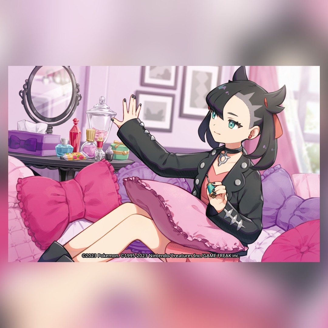 saino misaki, marnie (pokemon), nintendo, pokemon, pokemon swsh, pokemon tcg, commentary, english commentary, official art, third-party source, 1girl, asymmetrical bangs, black boots, black choker, black hair, black jacket, black nails, blurry, blurry background, boots, bottle, choker, closed mouth, company name, copyright name, copyright notice, cosmetics, curtains, dress, earrings, eyelashes, fingernails, green eyes, hair ribbon, holding, holding brush, indoors, jacket, jewelry, lap pillow, leather, leather jacket, long sleeves, mirror, nail polish, nail polish bottle, nail polish brush, open clothes, open jacket, perfume bottle, picture frame, pillow, pink dress, red ribbon, ribbon, sitting, smile, solo, table, tissue box, twintails, undercut