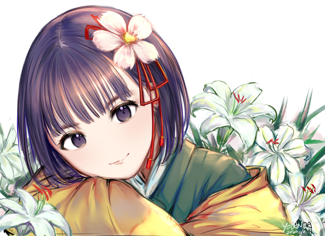 yolandabaka, hieda no akyuu, touhou, commentary, flower request, 1girl, artist name, closed mouth, dated, flower, green kimono, hair flower, hair ornament, japanese clothes, kimono, long sleeves, looking at viewer, medium hair, purple eyes, purple hair, smile, solo, white flower, yellow kimono