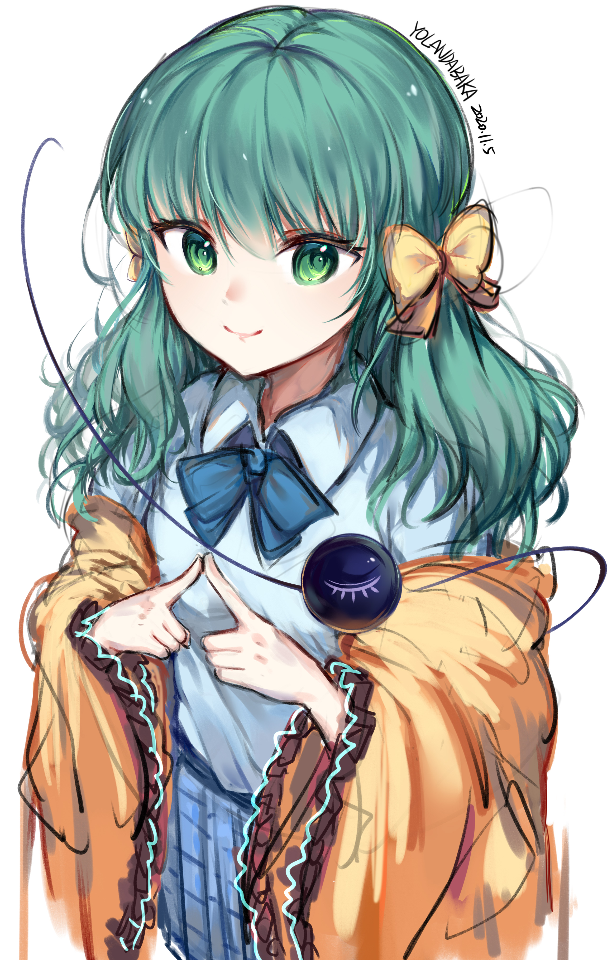yolandabaka, komeiji koishi, touhou, absurdres, commentary, highres, 1girl, alternate costume, artist name, blue bow, blue bowtie, blue skirt, bow, bowtie, closed mouth, collared shirt, dated, eyeball, green eyes, green hair, hair bow, index fingers together, jacket, looking at viewer, open clothes, open jacket, plaid clothes, plaid skirt, school uniform, shirt, skirt, smile, solo, third eye, white shirt, yellow bow, yellow jacket