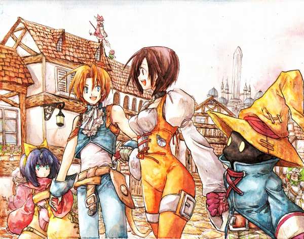 niwa toriko, black mage (final fantasy), eiko carol, garnet til alexandros xvii, vivi ornitier, zidane tribal, final fantasy, final fantasy ix, 00s, blonde hair, blue eyes, blue hair, brown eyes, brown hair, catsuit, child, glowing, glowing eyes, hat, horns, ribbon, short hair, yellow ribbon