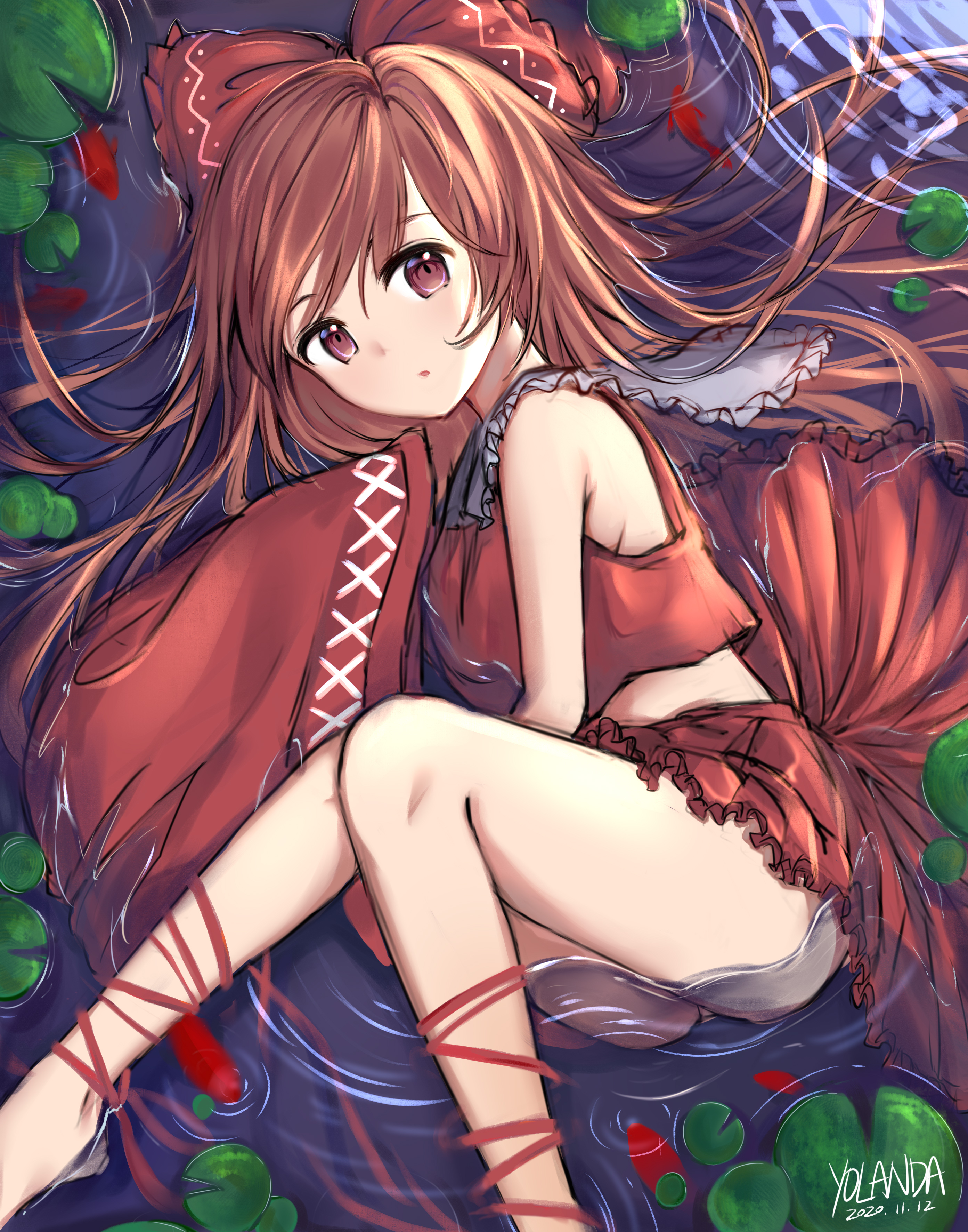 yolandabaka, hakurei reimu, touhou, absurdres, chinese commentary, commentary request, highres, 1girl, artist name, bow, brown eyes, brown hair, dated, frilled bow, frilled hair tubes, frills, hair bow, hair tubes, leg ribbon, lily pad, long hair, looking at viewer, partially submerged, red bow, red ribbon, red skirt, ribbon, skirt, skirt set, water
