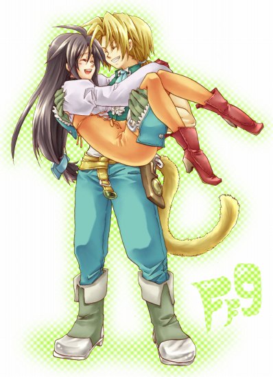 niwa toriko, garnet til alexandros xvii, zidane tribal, final fantasy, final fantasy ix, bad id, bad pixiv id, 00s, belt, blonde hair, boots, brown hair, catsuit, closed eyes, latex, long hair, short hair, smile, tail