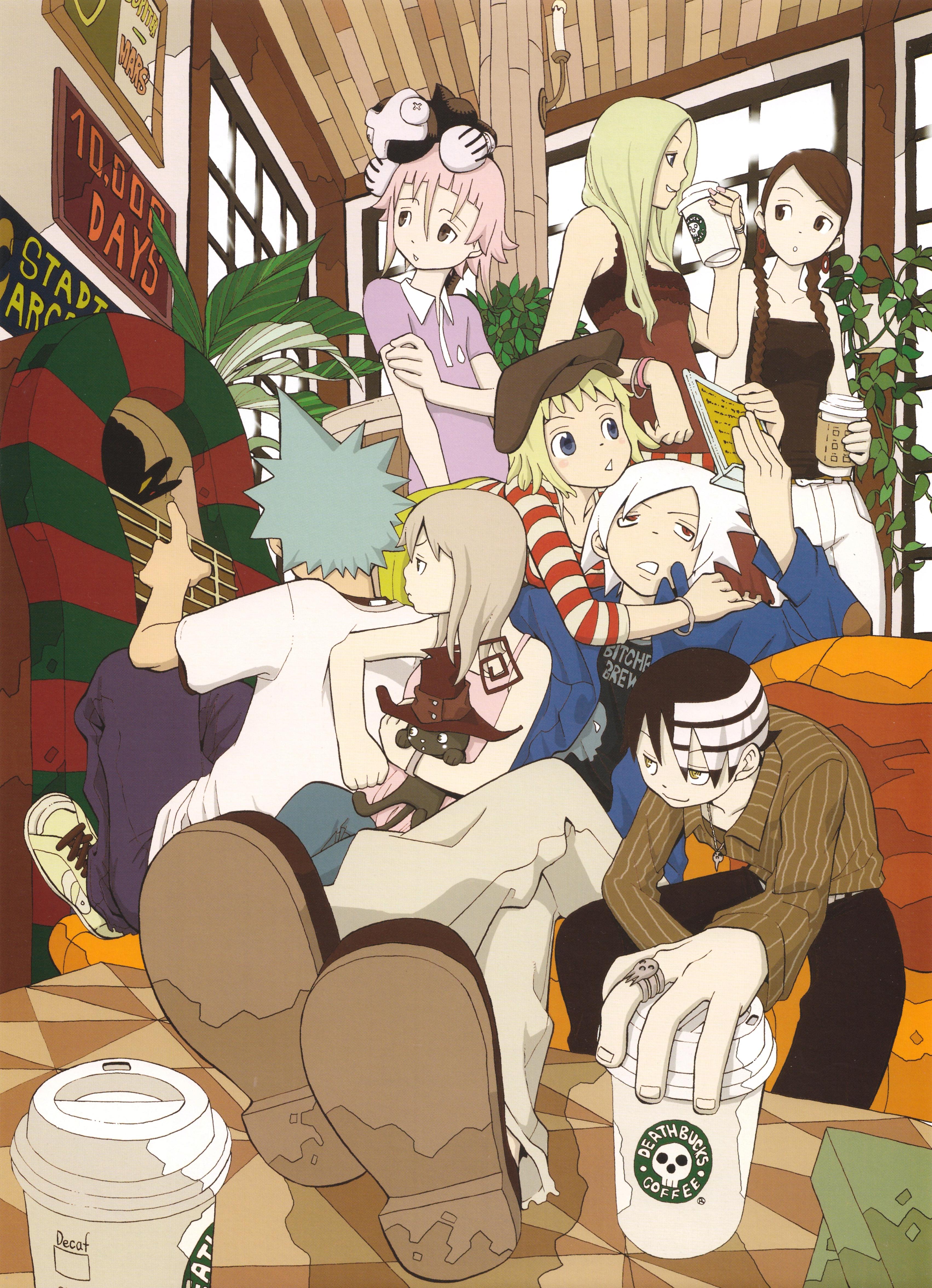 black star, blair (cat) (soul eater), blair (soul eater), crona (soul eater), death the kid, elizabeth thompson, maka albarn, nakatsukasa tsubaki, patricia thompson, ragnarok (soul eater), soul evans, soul eater, starbucks, absurdres, highres, 00s, 3boys, 4girls, alternate costume, alternate hairstyle, androgynous, black cat, black hair, blonde hair, blue eyes, braid, brand name imitation, cat, chibi, coffee, hat, hipster, hug, jukebox, miles davis, multiple boys, multiple girls, pink hair, red eyes, sitting, twin braids, white hair, witch hat