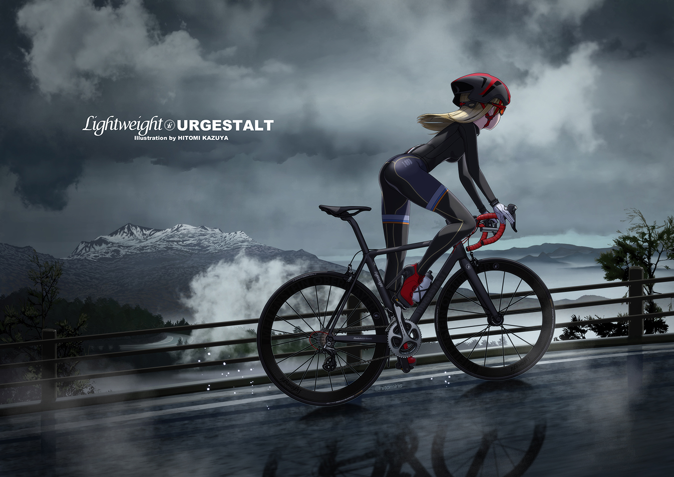 hitomi kazuya, original, commentary request, 1girl, bicycle, bicycle helmet, blonde hair, bodysuit, breasts, cycling uniform, helmet, high heels, long hair, mountain, outdoors, riding, riding bicycle, small breasts, solo