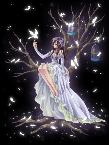 niwa toriko, garnet til alexandros xvii, final fantasy, final fantasy ix, bad id, bad pixiv id, lowres, 00s, bird, birdcage, breasts, brown hair, cage, cleavage, dress, elbow gloves, gloves, hair ornament, jewelry, long hair, necklace, solo, tree, very long hair, wedding dress