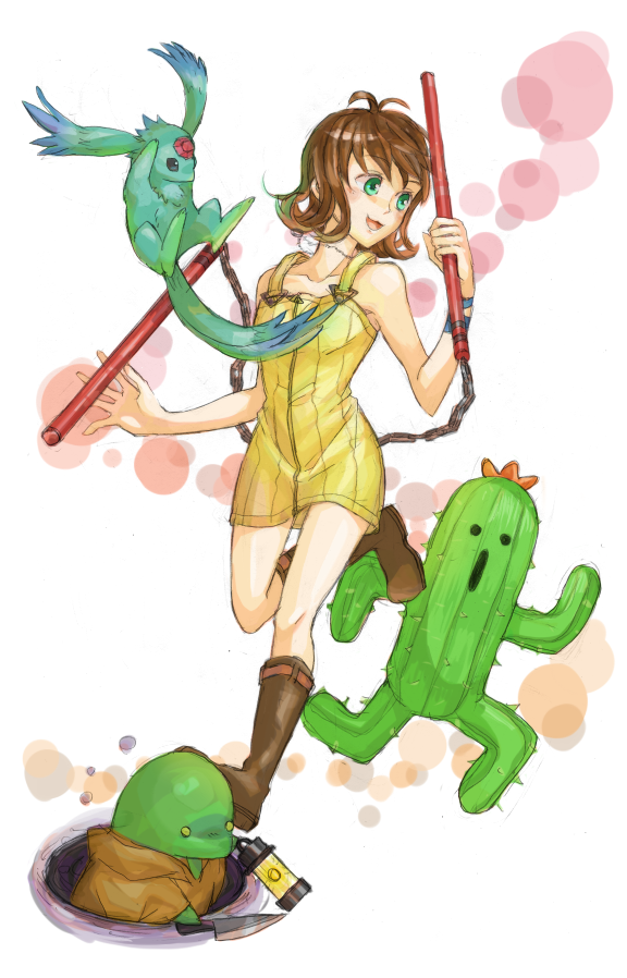azkn, carbuncle (final fantasy), sabotender, selphie tilmitt, tonberry, final fantasy, final fantasy viii, 1990s (style), boots, brown hair, dress, green eyes, knife, long hair, nunchaku, weapon