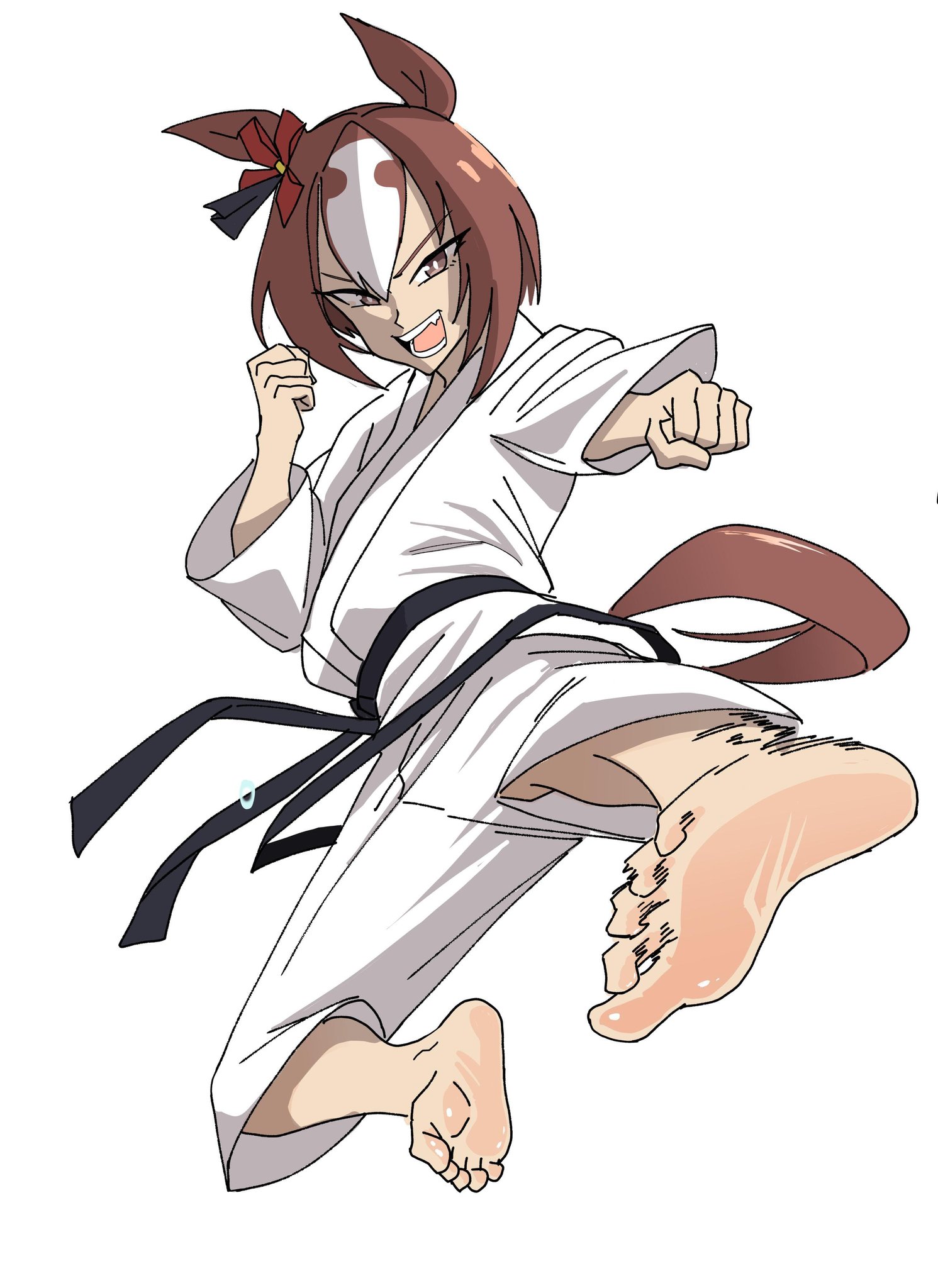 yaeno muteki (umamusume), umamusume, hashtag-only commentary, highres, 1girl, animal ears, bhenart, brown eyes, brown hair, dougi, flying kick, full body, horse ears, horse girl, horse tail, karate, karate gi, kicking, open mouth, simple background, soles, solo, tail, toes, tsurime, white background