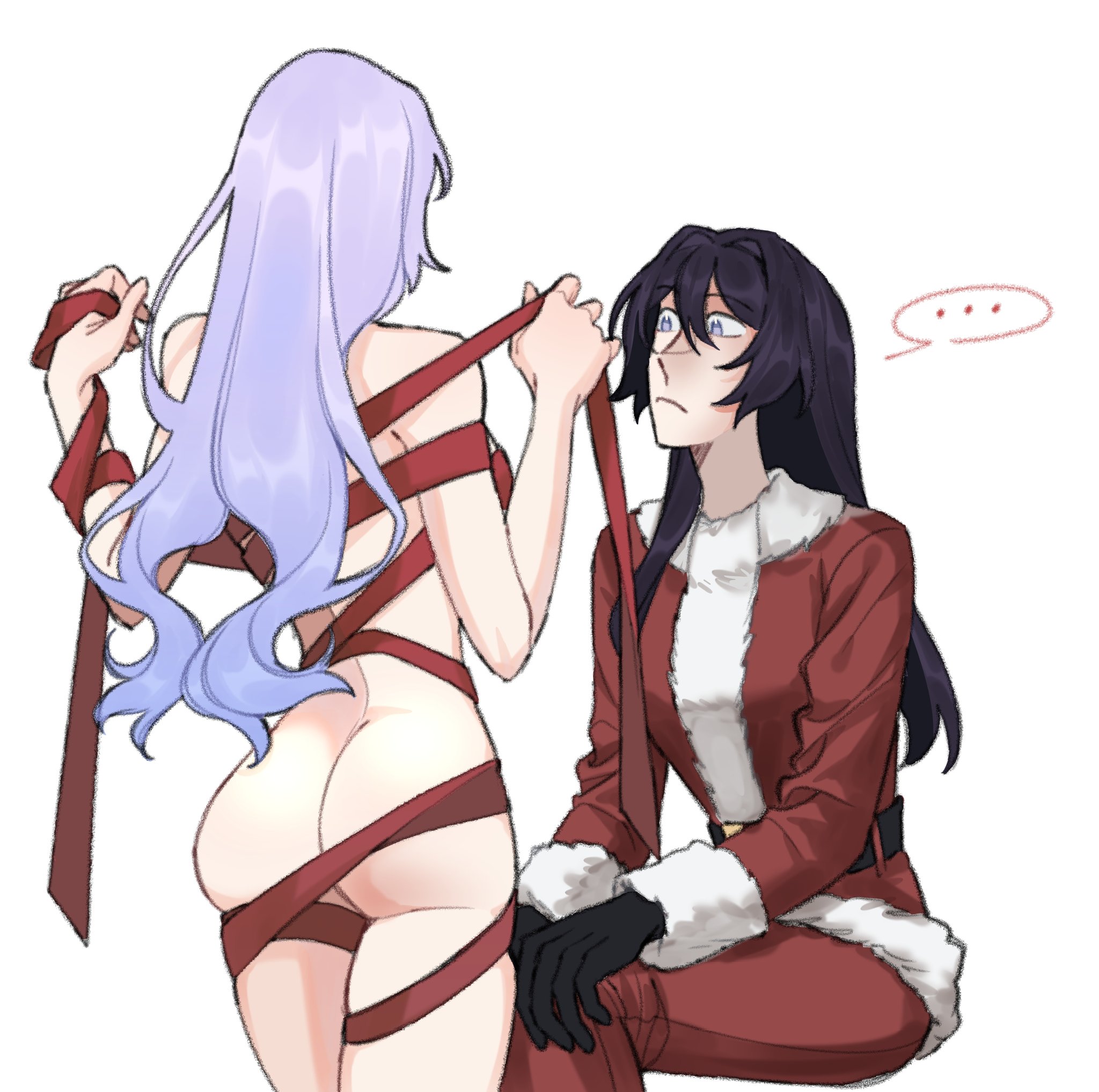 charathegay, acheron (honkai: star rail), black swan (honkai: star rail), honkai: star rail, honkai (series), commentary, english commentary, highres, …, 2girls, ass, blush, breasts, christmas, christmas present, clothed female nude female, couple, gift, gift wrapping, gloves, large breasts, long hair, looking at another, multiple girls, naked ribbon, nude, pants, purple hair, red ribbon, ribbon, simple background, white background, wrapped up, yellow eyes, yuri
