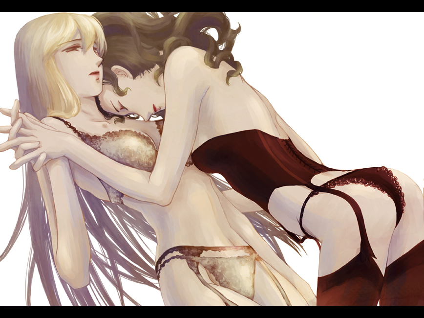 ren mizuha, celes chere, tina branford, final fantasy, final fantasy vi, 1990s (style), 2girls, ass, back, bare arms, bare back, bare shoulders, blonde hair, breasts, closed eyes, corset, couple, female focus, garter belt, garter straps, green hair, holding hands, interlocked fingers, leaning, leaning forward, leaning on person, lingerie, lips, long hair, medium breasts, midriff, multiple girls, retro artstyle, sideboob, small breasts, strapless, thighhighs, underwear, yuri