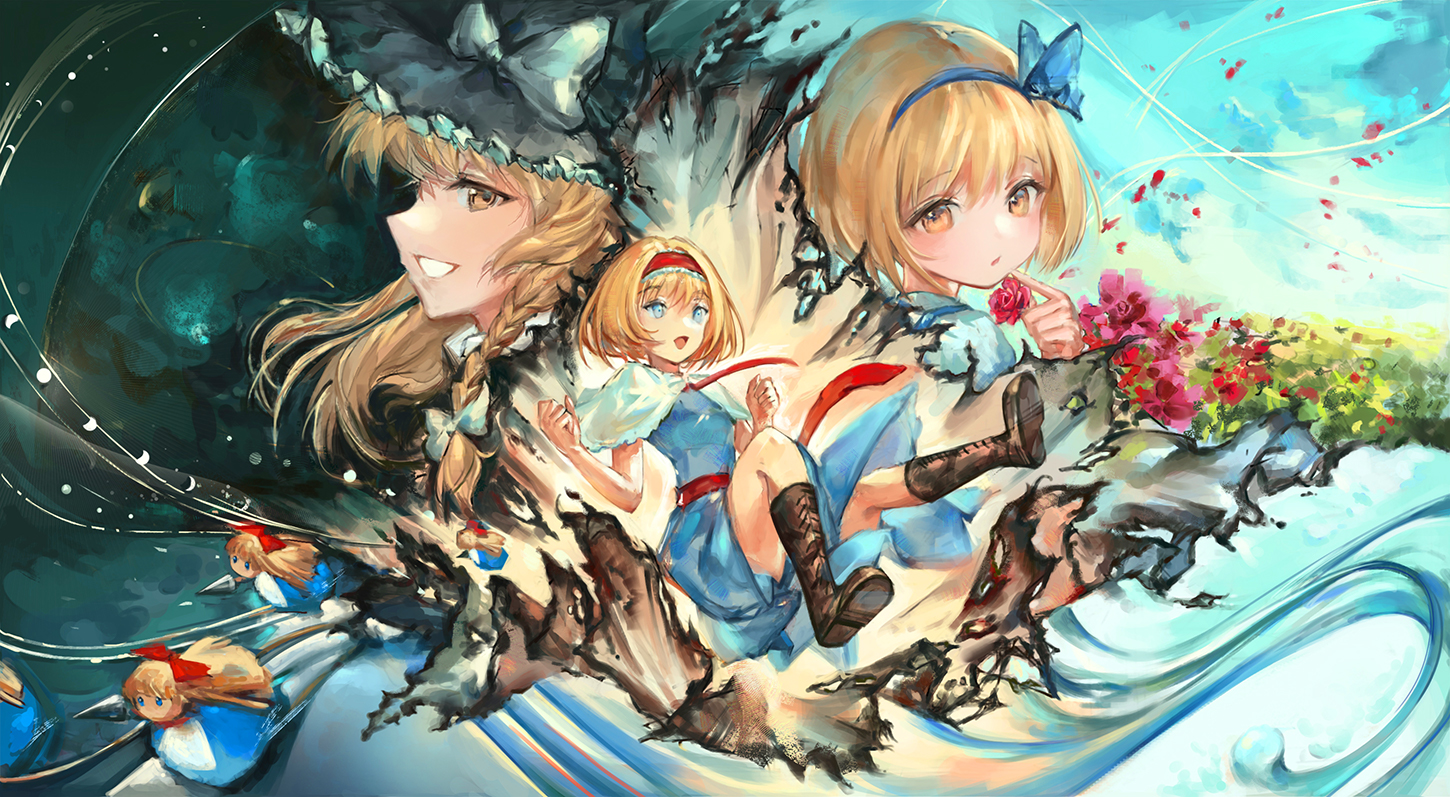 yolandabaka, alice margatroid, kirisame marisa, shanghai doll, touhou, touhou (pc-98), commentary request, 3girls, black hat, blonde hair, blue dress, blue eyes, blue hairband, boots, bow, braid, brown boots, capelet, doll, dress, dual persona, flower, frilled hairband, frills, hair bow, hairband, hat, hat bow, knee boots, lolita hairband, long hair, multiple girls, open mouth, red flower, red hairband, side braid, single braid, smile, white bow, white capelet, witch hat, yellow eyes