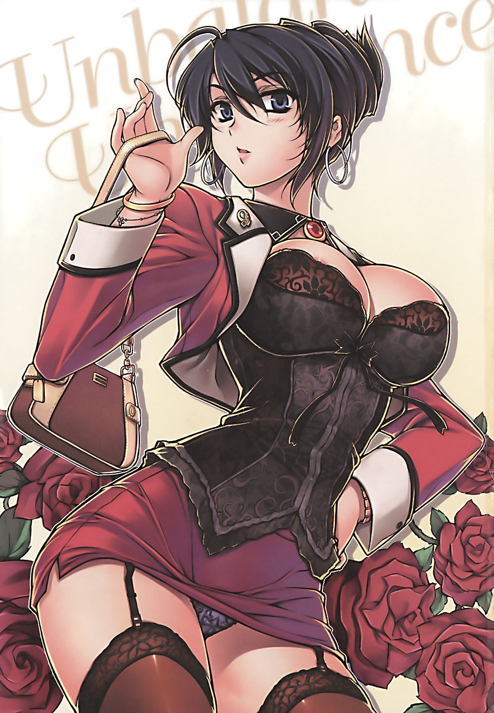 soo-hyon lee, hae-young na, unbalance unbalance, unbalance x unbalance, highres, 1girl, areola slip, bag, black hair, bracelet, breasts, cleavage, detached collar, earrings, female focus, flower, gold bracelet, hand on own hip, handbag, hip focus, jewelry, large breasts, multiple bracelets, nipple slip, nipples, panties, rose, solo, thighhighs, underwear