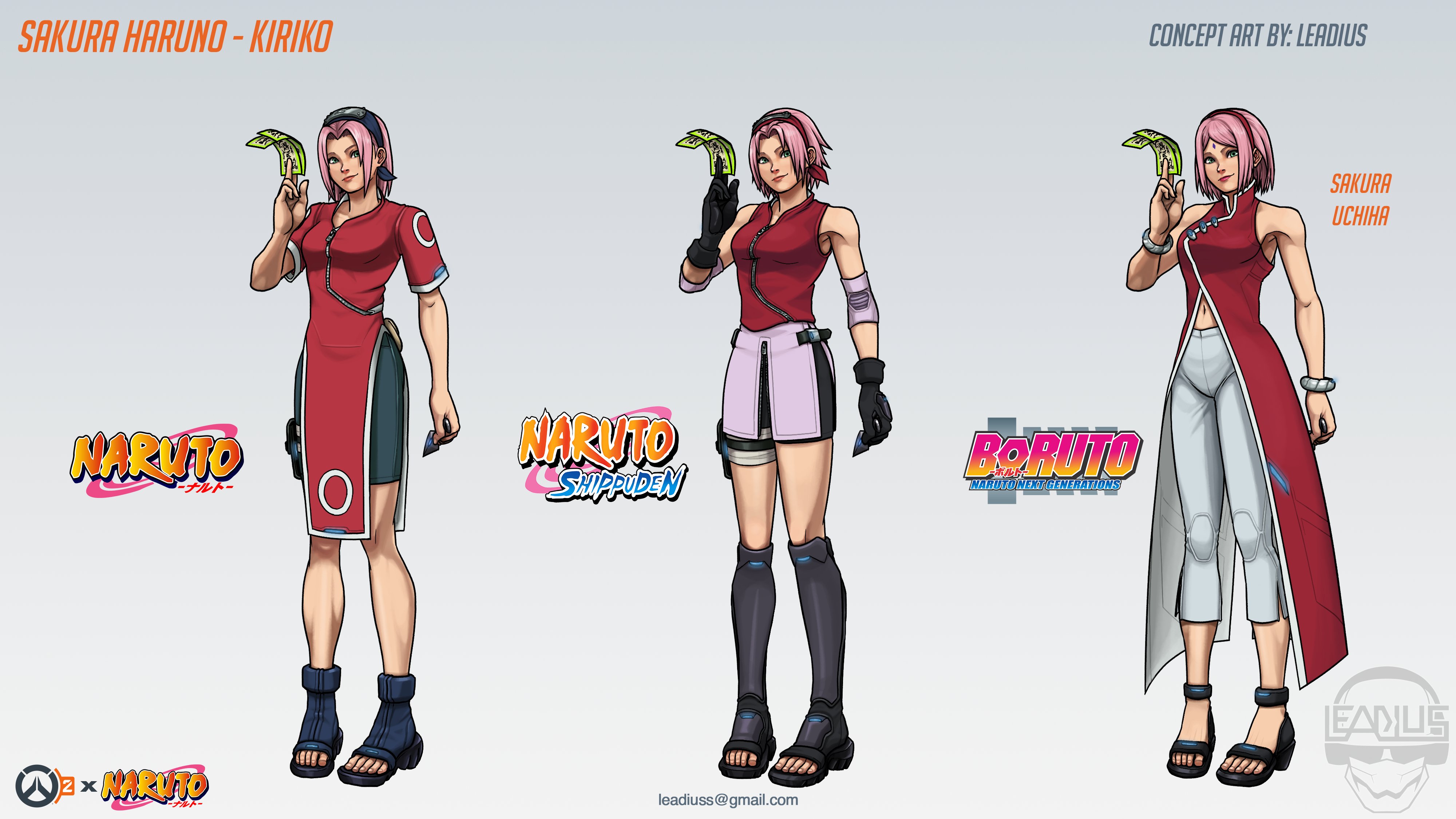 haruno sakura, kiriko (overwatch), boruto: naruto next generations, naruto (classic), naruto (series), naruto shippuuden, overwatch, absurdres, highres, 1girl, boots, breasts, cosplay, elbow sleeve, facial mark, flak jacket, forehead mark, forehead protector, gloves, haruno sakura (cosplay), jacket, konohagakure symbol, kunai, looking at viewer, ninja, open-toe boots, pink hair, short hair, solo, theleadius, weapon