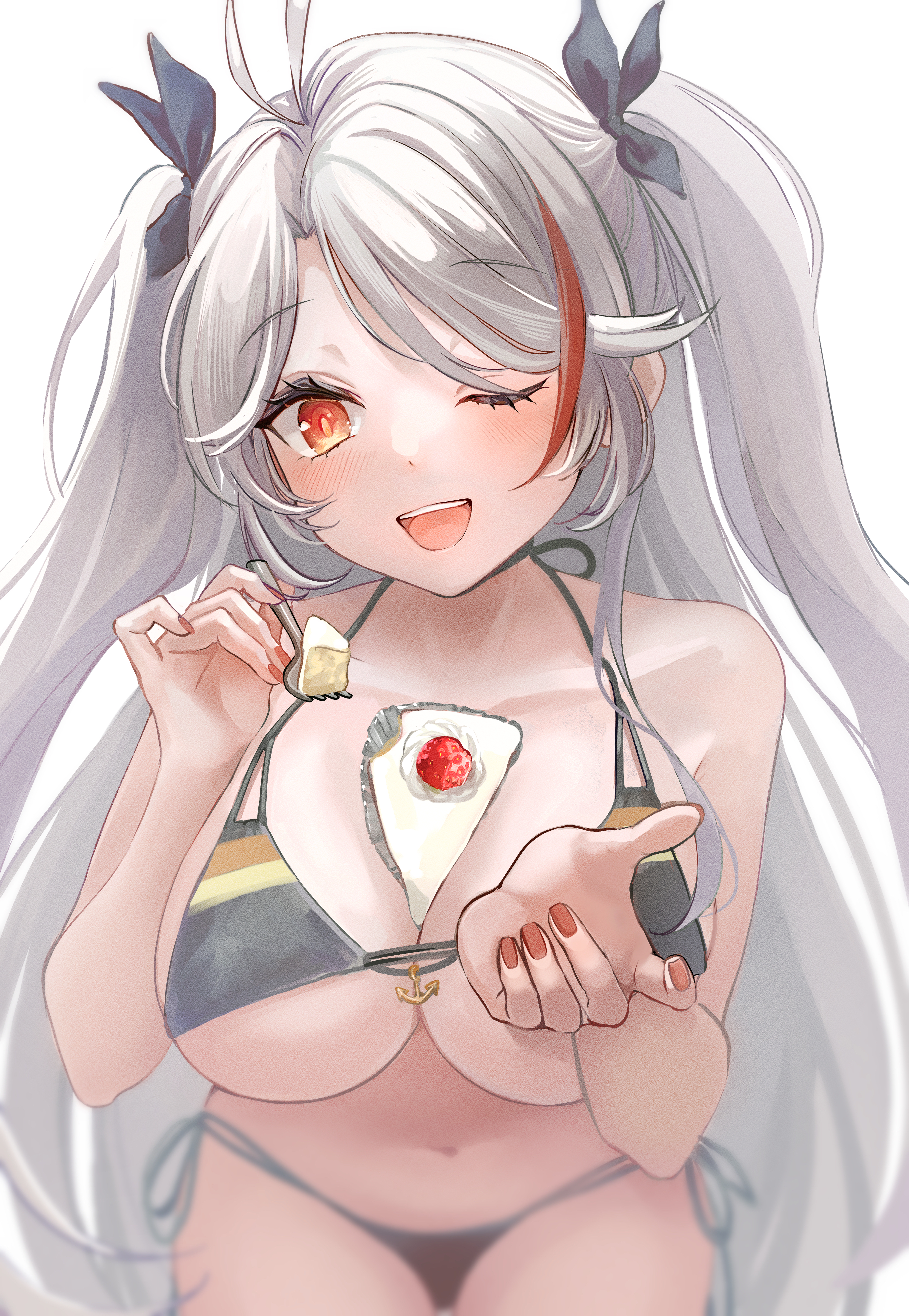 tanatu 0, prinz eugen (azur lane), prinz eugen (unfading smile) (azur lane), azur lane, absurdres, commentary request, highres, 1girl, ;d, bikini, black bikini, breasts, cake, cake slice, food, fork, holding, holding fork, large breasts, leaning forward, long hair, looking at viewer, navel, one eye closed, open mouth, orange eyes, red nails, simple background, smile, solo, swimsuit, white background, white hair